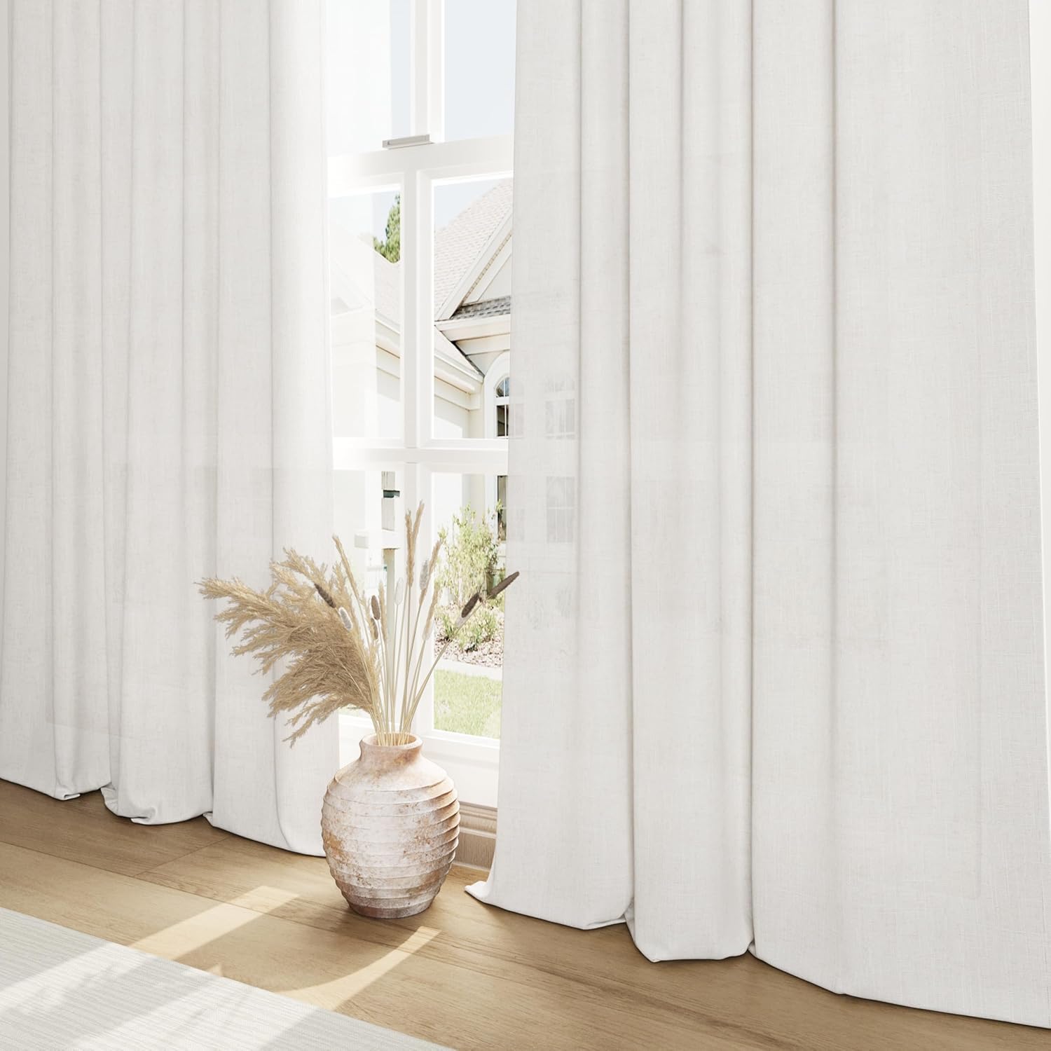 Hokibero Extra Long 132 Inch Curtains for Living Room Back Tab Ivory Natural Linen Curtains Custom Made Drapes for 2 Story Window Tall Floor Ceiling Bedroom 11FT (Natural Birch 1 Panel)