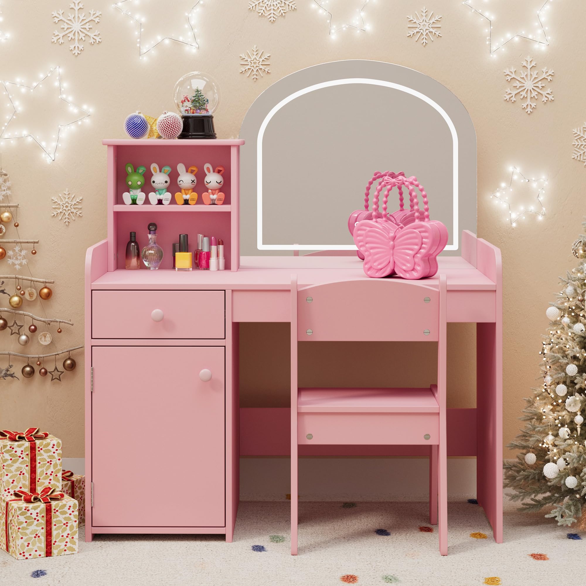 Gizoon Escritorio de tocador para niños con espejo y luces, color rosa