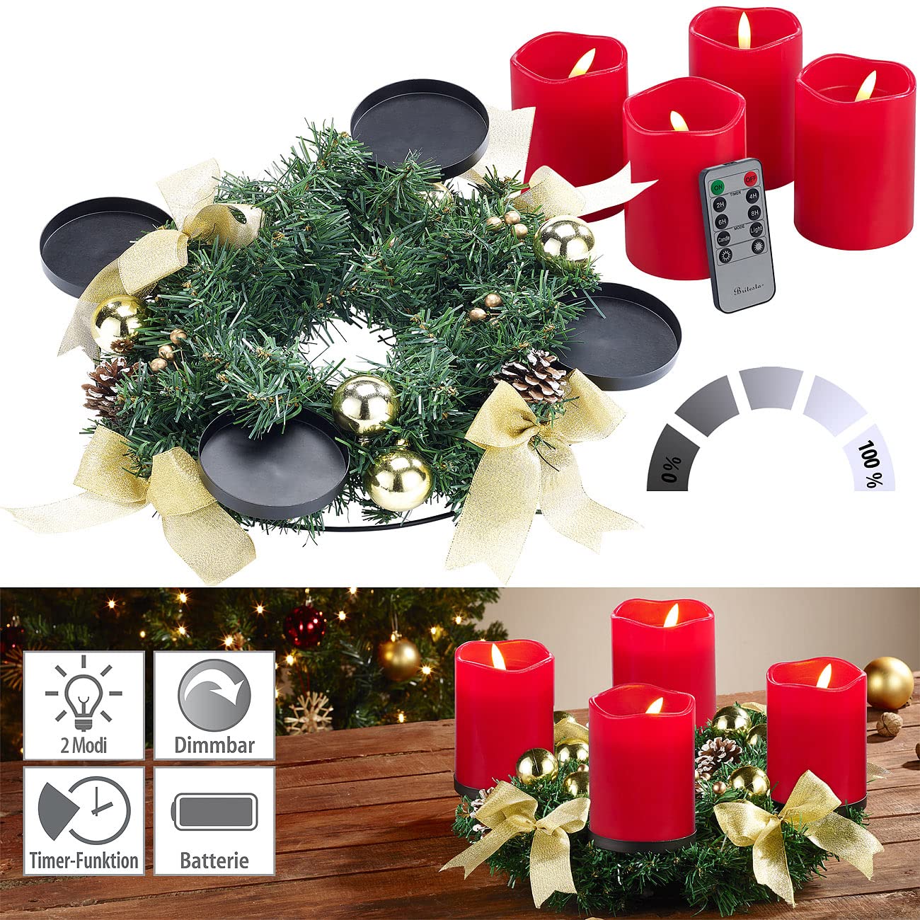 Advent Kranz: Adventskranz mit goldfarbenem Schmuck, inkl. LED-Kerzen in rot (Adventskranz für Senioren, Adventskranzgestecke, Weihnachten)
