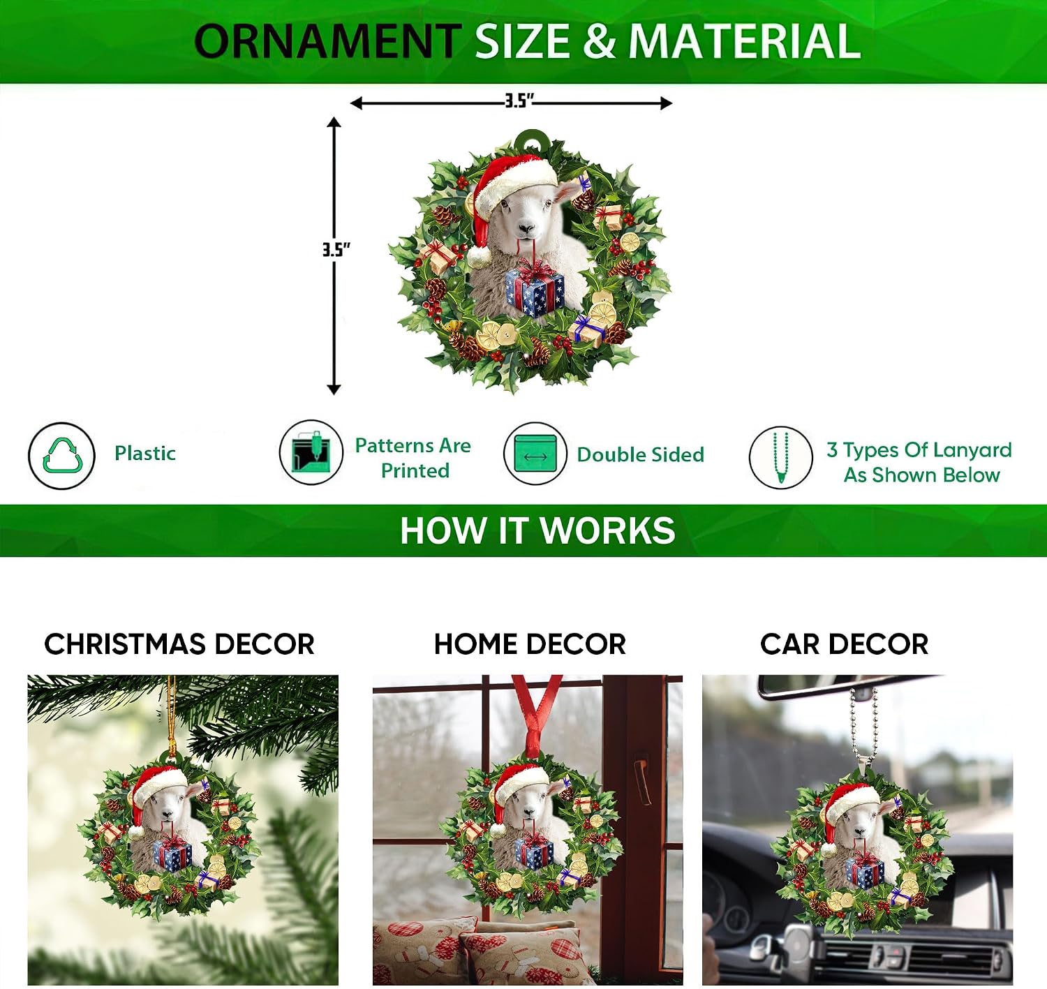 Talataca Sheep 2D Flat Christmas Ornament, Sheep Wearing A Christmas Hat Wreath Pine Tree Decor, Hanging House Charm Eve Keepsake, Car Rear View Mirror Accessories, Xmas Gift image 2