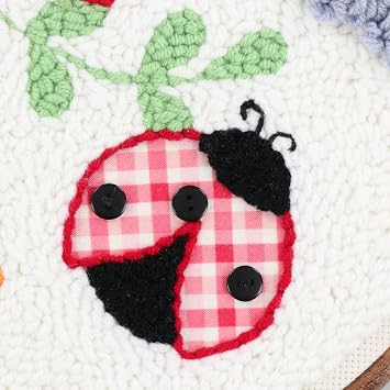 Kimberbell Punch Needle Kit Bugs & Blooms - Complete DIY Embroidery Kit with Tool, Monks Cloth, Yarn, Applique Fabric & Frame Ladybug & Floral Punch Needle Design for Handmade Gifts & Decor
