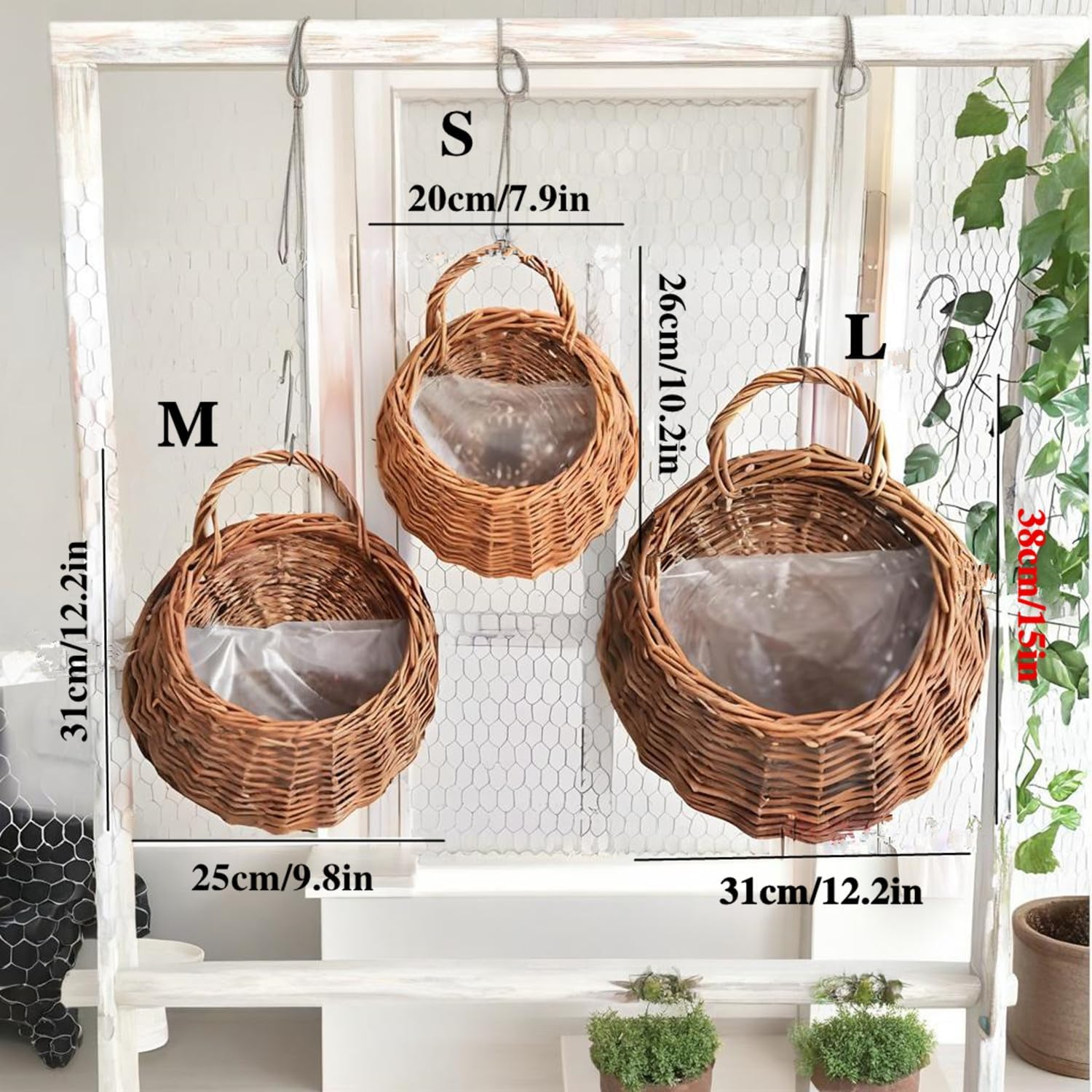 Wall Hanging Flower Basket, Handmade Wicker Hanging Basket for Plant Wall Mount Rattan Chlorophytum Comosum Hanging Basket for Front Door, Home, Garden. (M)