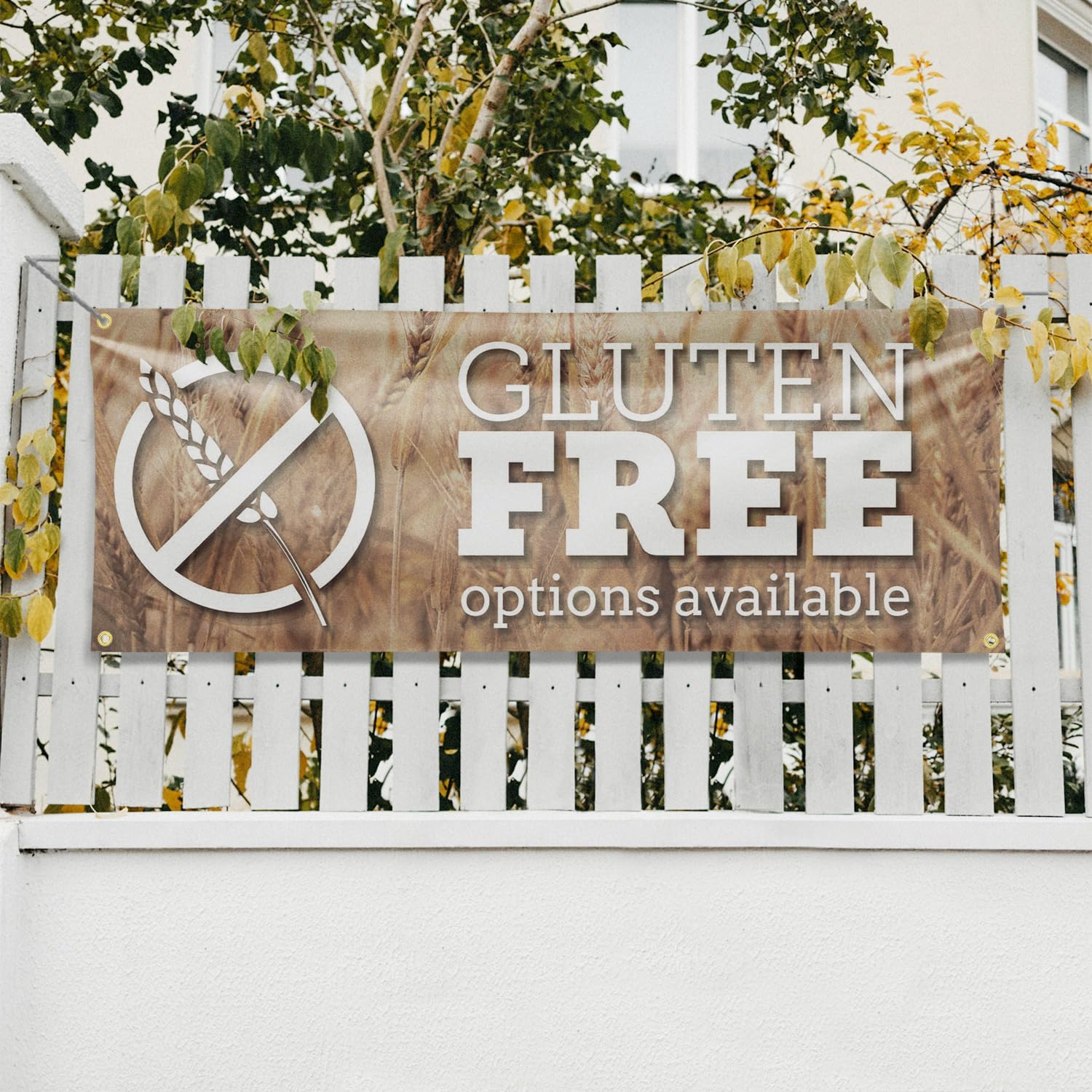 Gluten Free Options Available Banner Sign 18 Inch x 48 Inch | 13 oz Vinyl with Metal Grommets | Heavy-Duty Single-Sided Outdoor Durable Printed High-Quality Weatherproof | Made in the USA