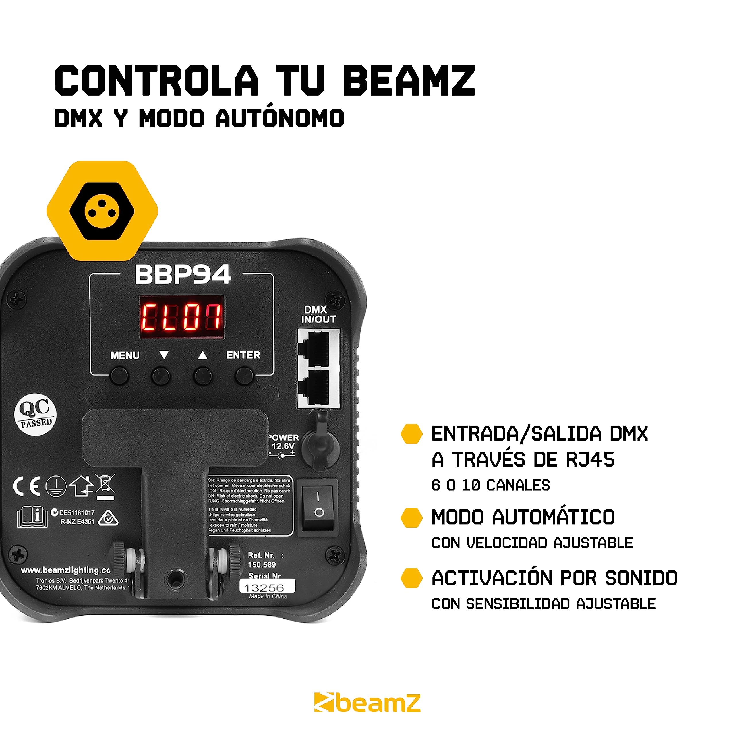 BeamZ BBP94 Pack 4 focos PAR LED con batería y flightcase | 4 barras LED RGB, control por secciones, mando y DMX, perfectas para escenarios y paredes