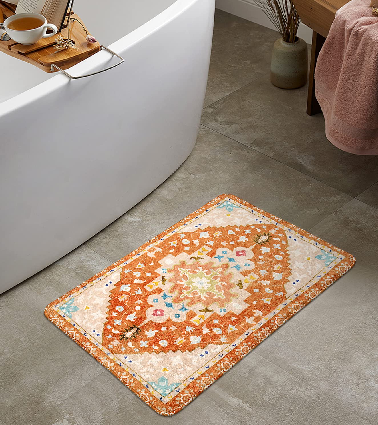 Alfombras de baño tribales bohemias, color naranja, bonito tapete de baño floral, antideslizante, lavable a máquina, alfombra pequeña, suave, oriental para decoración de baño, para fregadero,