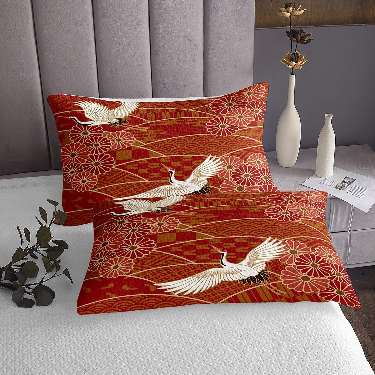 Erosebridal Japanese Crane Quilt Fish Scale Coverlet Set Dairy Blossom Floral Botanical Bedspread Japan Ukiyo-E Theme Bed Cover for Kids Boys Girls Women Twin Size Brushed Bedroom Décor Red
