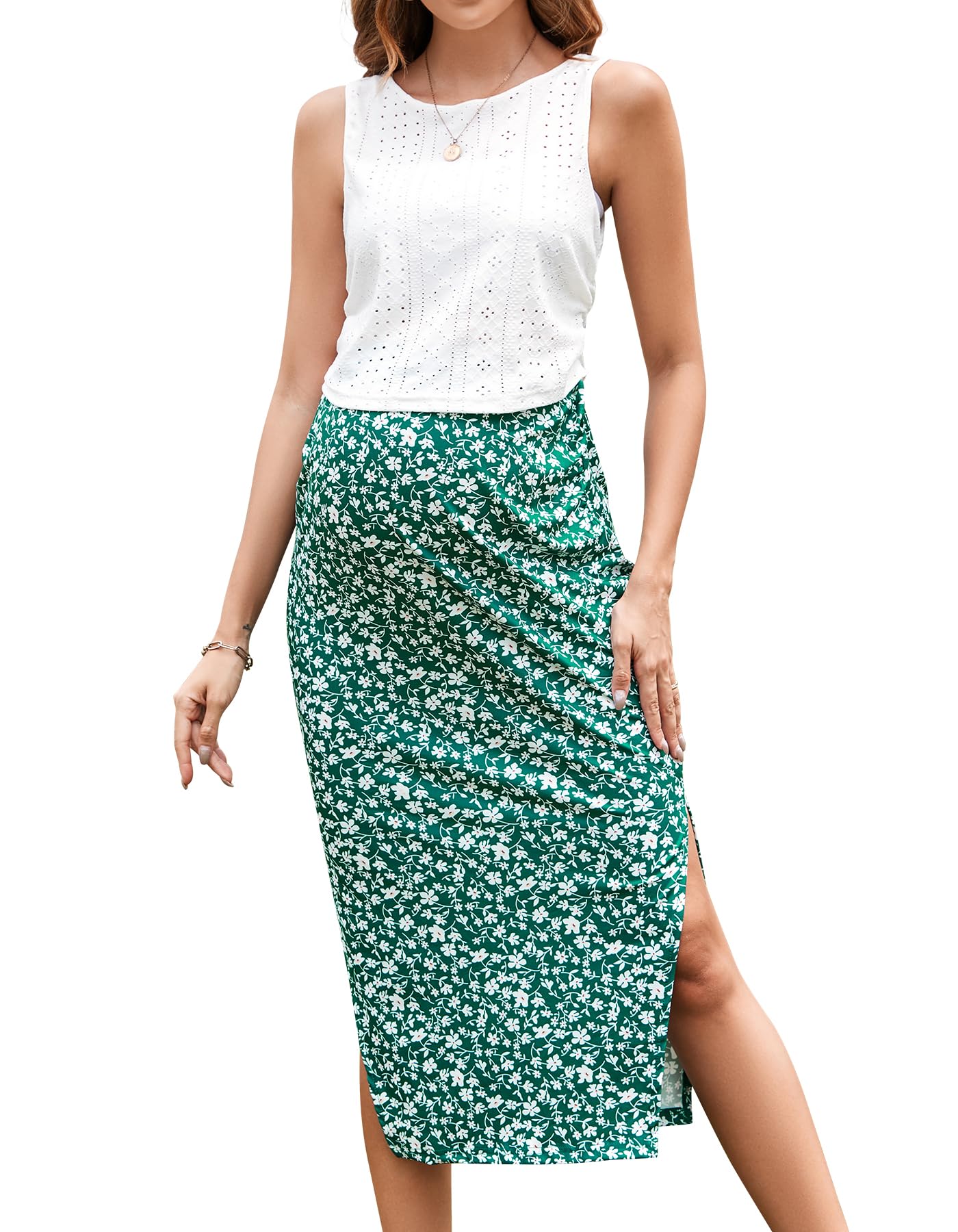 Falda de Maternidad para Mujer Conjunto Vestido de 2 Piezas Top Corto sin Mangas con Ojales y Falda Embarazo Estampada Floral con Abertura