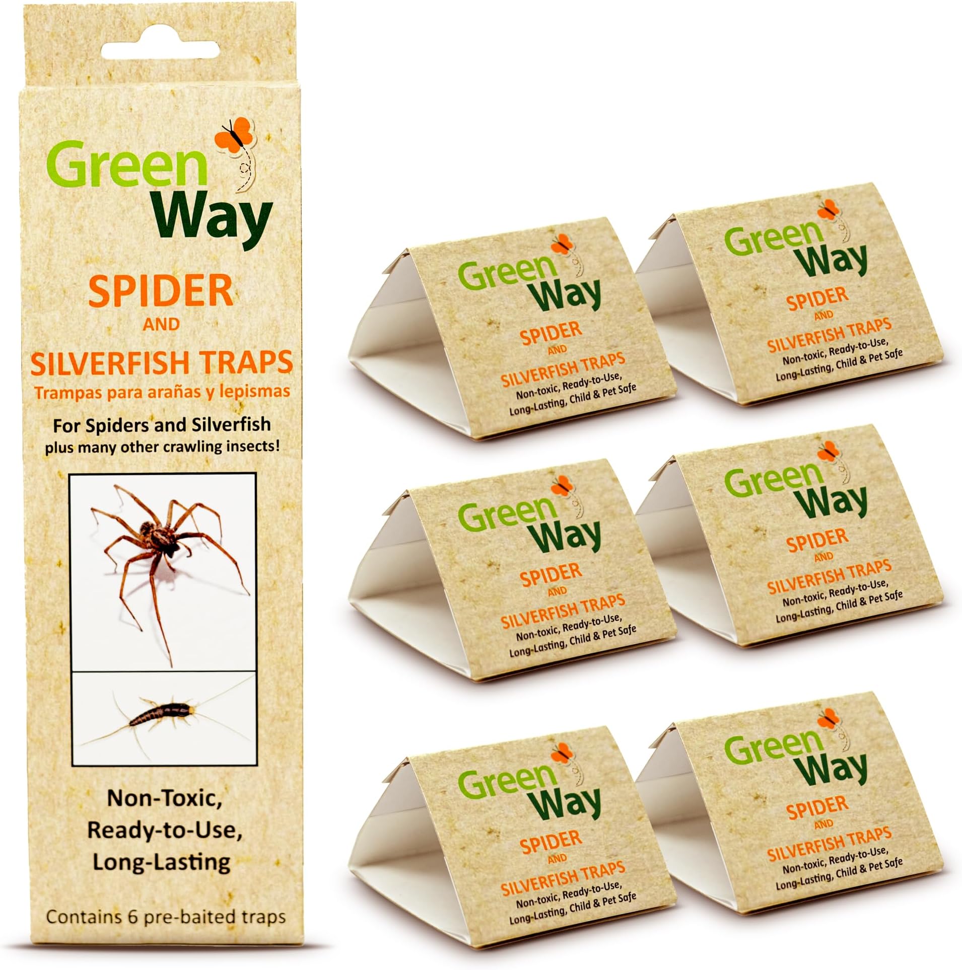 Greenway Silverfish and Spider Traps, Non-Toxic Indoor with High-Strength Glue for Safe, Effective Home Protection, 1 Pack (Includes 6 Traps)