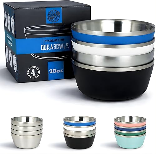 Cuencos Aislados de Acero Inoxidable - Juego de 4 Cuencos de Metal de Doble Pared de 20 Oz para Helado, Sopa, Cereales, Refrigerios, Plato de Arroz,