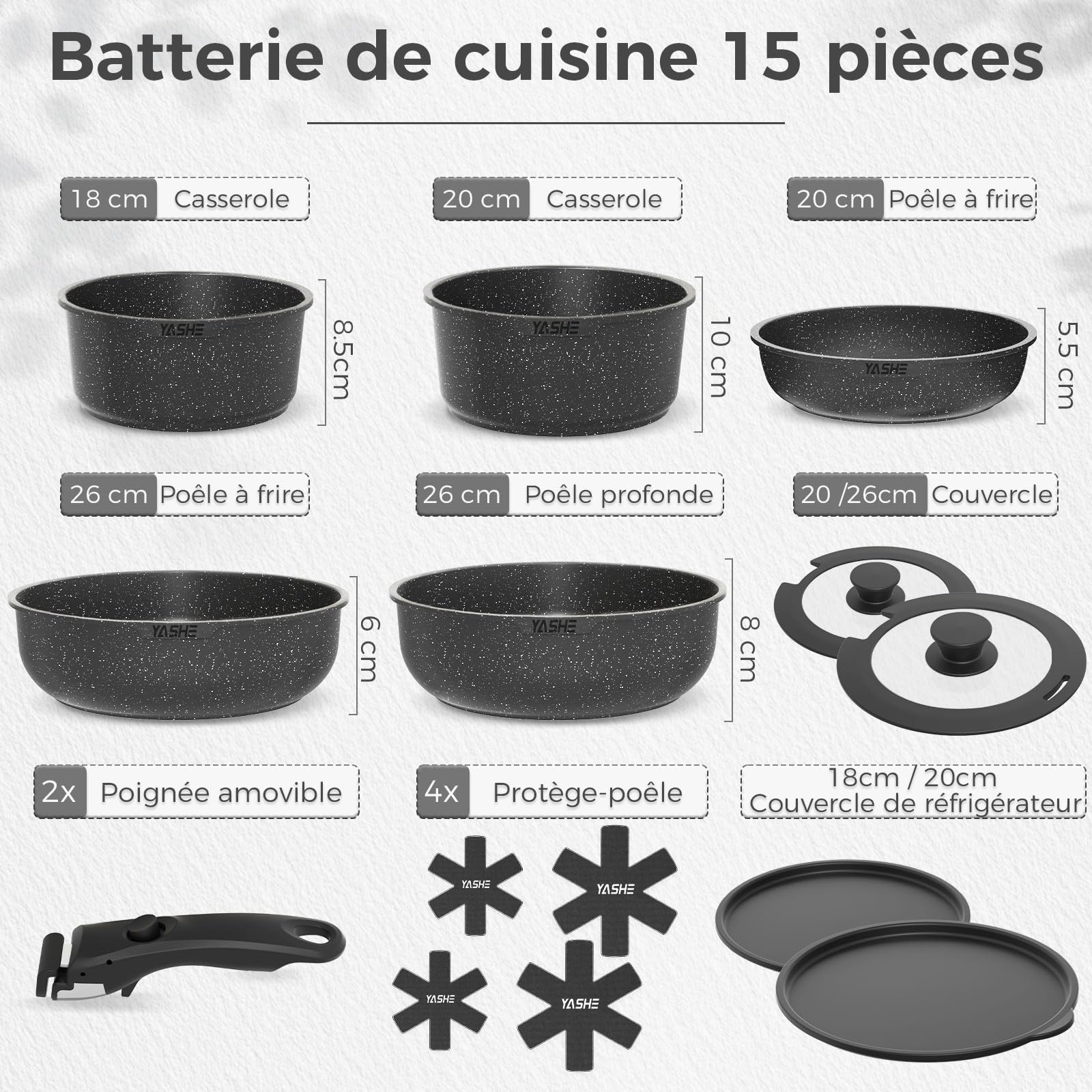 YASHE Batterie de Cuisine 15 Pièces, Poêles et Casseroles avec Revêtement Antiadhésif Effet Granit, Poignées Amovibles, Empilable, Facile à Nettoyer, Compatible Induction, Gaz et Vitrocéramique,grise