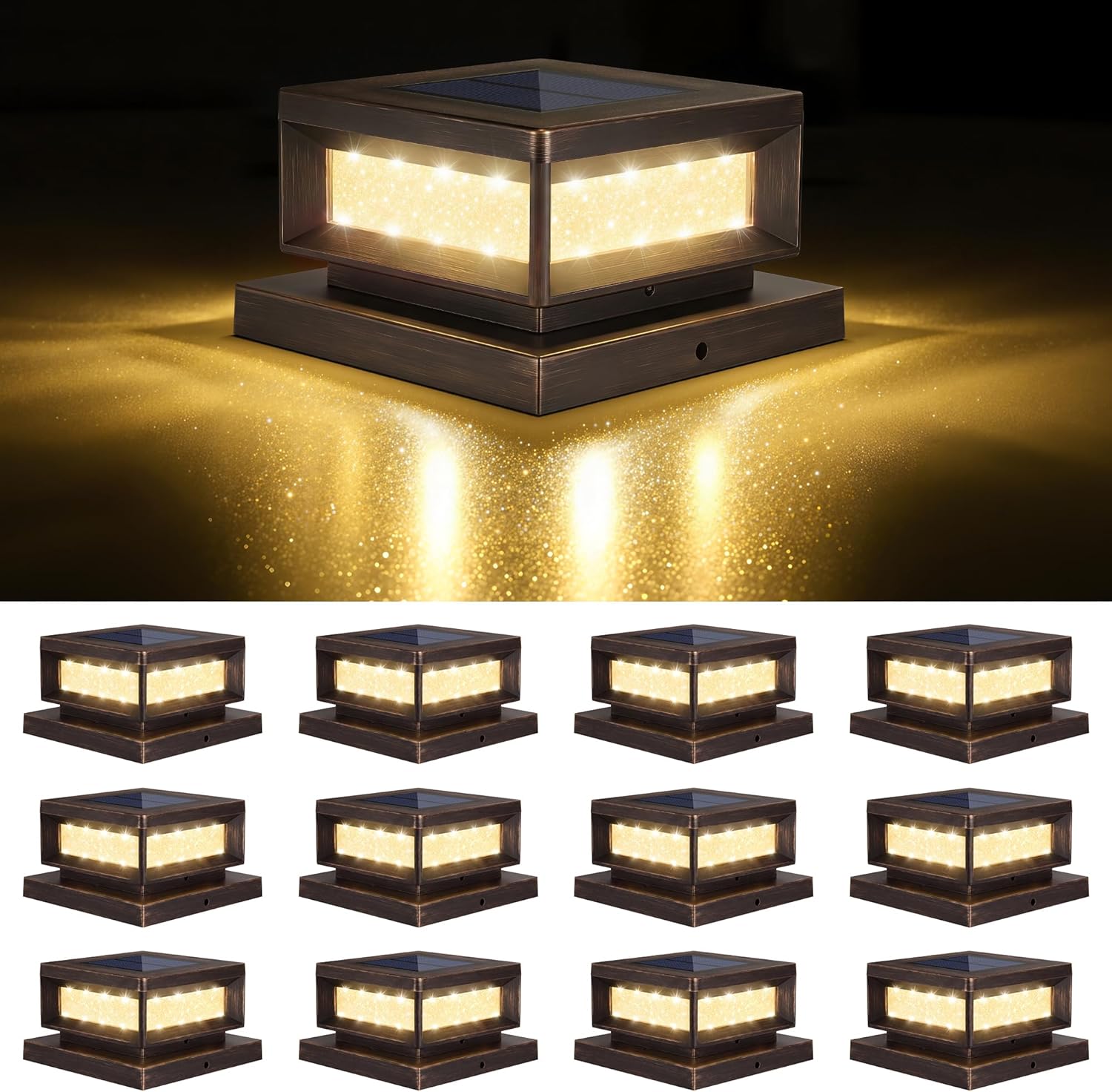 Mlambert 12 Pack Solar Post Cap Lights Outdoor, Waterproof Deck Fence Post Light for 4x4 Wood/Vinyl Posts, 6x6 Wooden Posts, Cool/Warm Lighting, Brown
