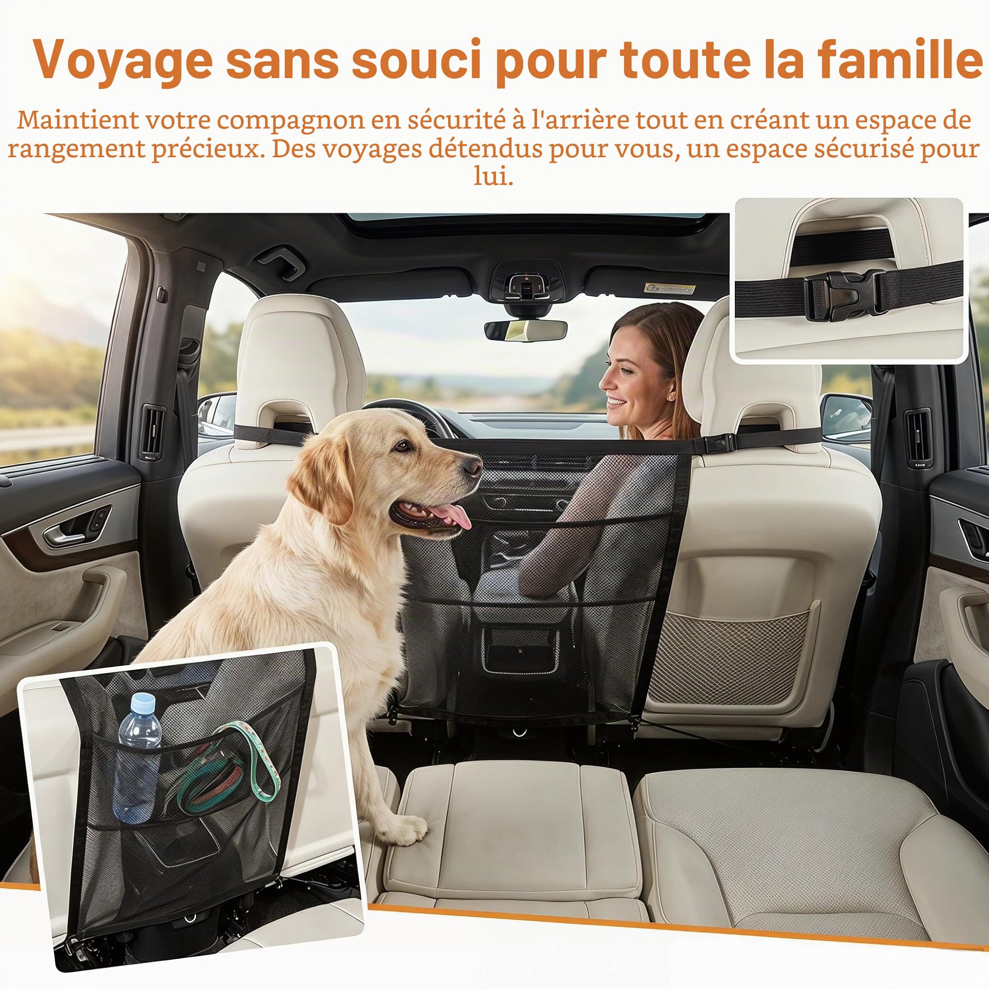 GGW Grille Pare-Chien pour Siège Arrière Voiture avec Poches, Universel | Filet de séparation pour siège avant. Barrière de sécurité contre les chiens pour siège arrière. Ajustement universel.