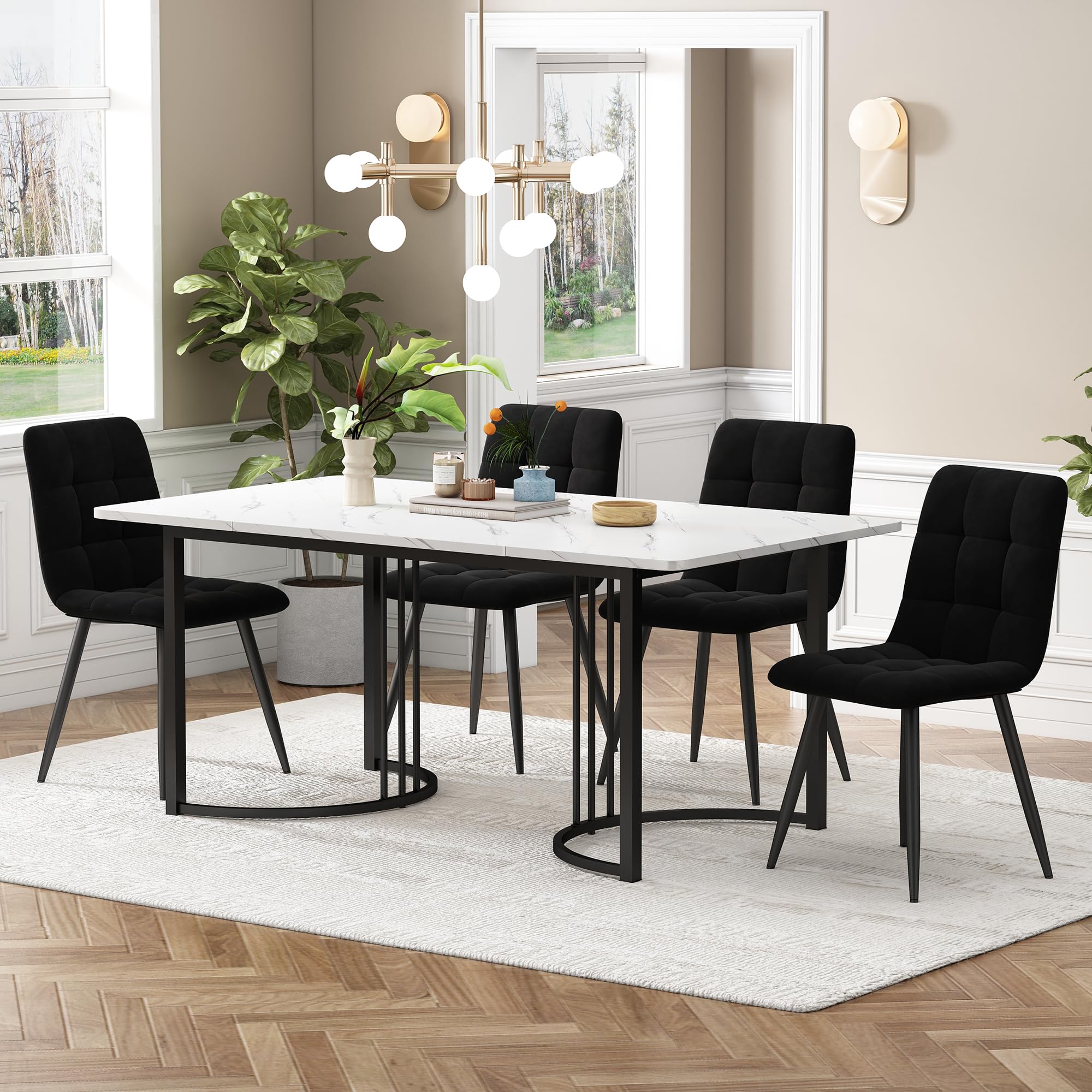 Table salle à manger 4 chaises velours noir, table rectangulaire cuisine 140x80