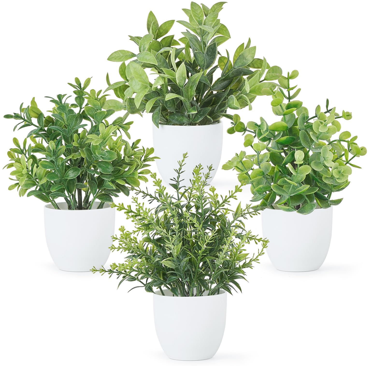 Photo 1 of Mkono 4 Packs Fake Plants Mini Artificial Greenery Potted Plants Faux Eucalyptus for Spring Decor Home Indoor Office Table Shelf Room Bathroom Farmhouse Decor (White)