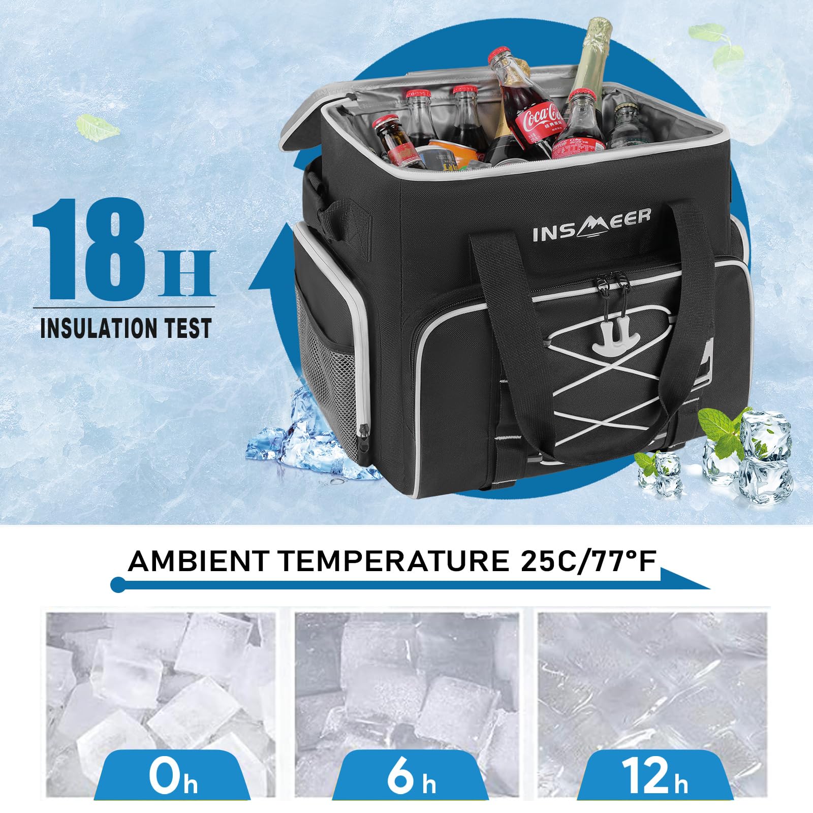 INSMEER Torba chłodząca, duża, 45 l, torba chłodząca 55 cans, składana, izolowana, szczelna, na napoje, torba termiczna XXL, torba piknikowa z otwieraczem, na zakupy, kemping, plażę, piknik
