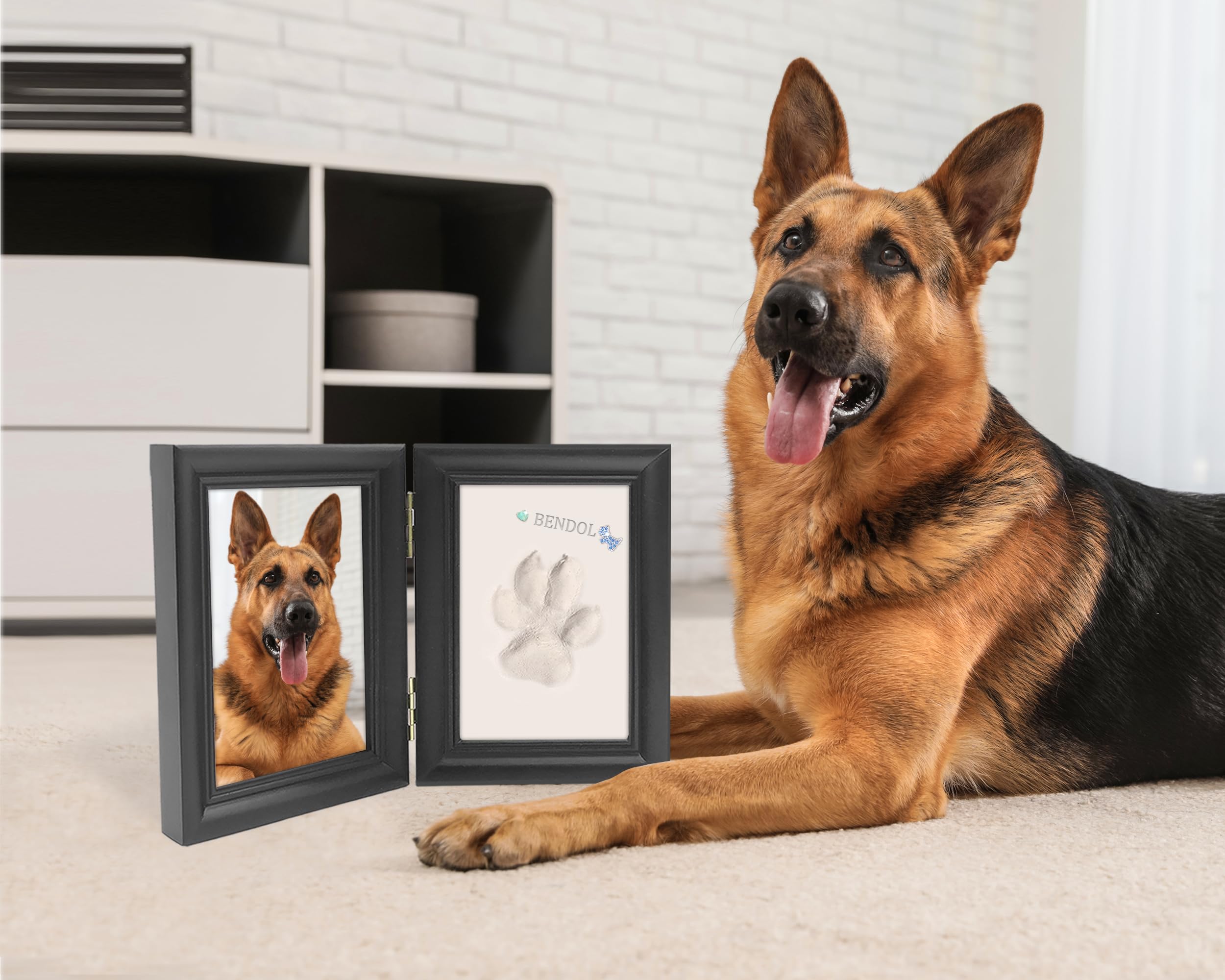 MYPAWLETS Kit de impresión de huellas de perro o gato con baratijas, kit de impresión de huellas de mascotas con 2 arcillas, marco de fotos de madera para perro, tamaño grande, color negro