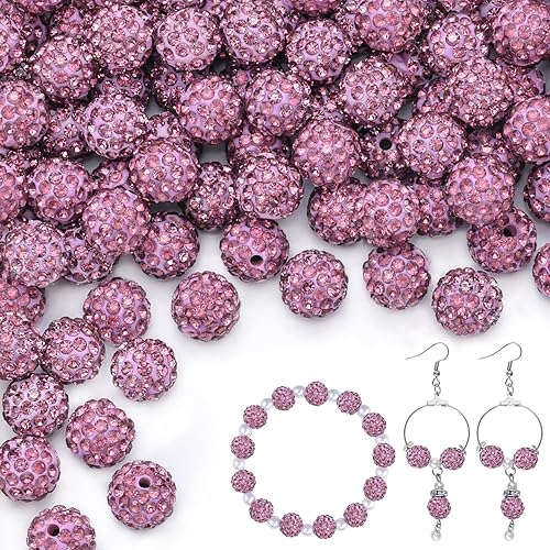 100pcs 10mm Rhinestone Beads for Jewelry Making, Light Purple Shiny Round Shamballa Disco Beads Bulk, Sparkle Crystal Clay Christmas for Bracelet Baseball Necklace Earring Crafting and DIY