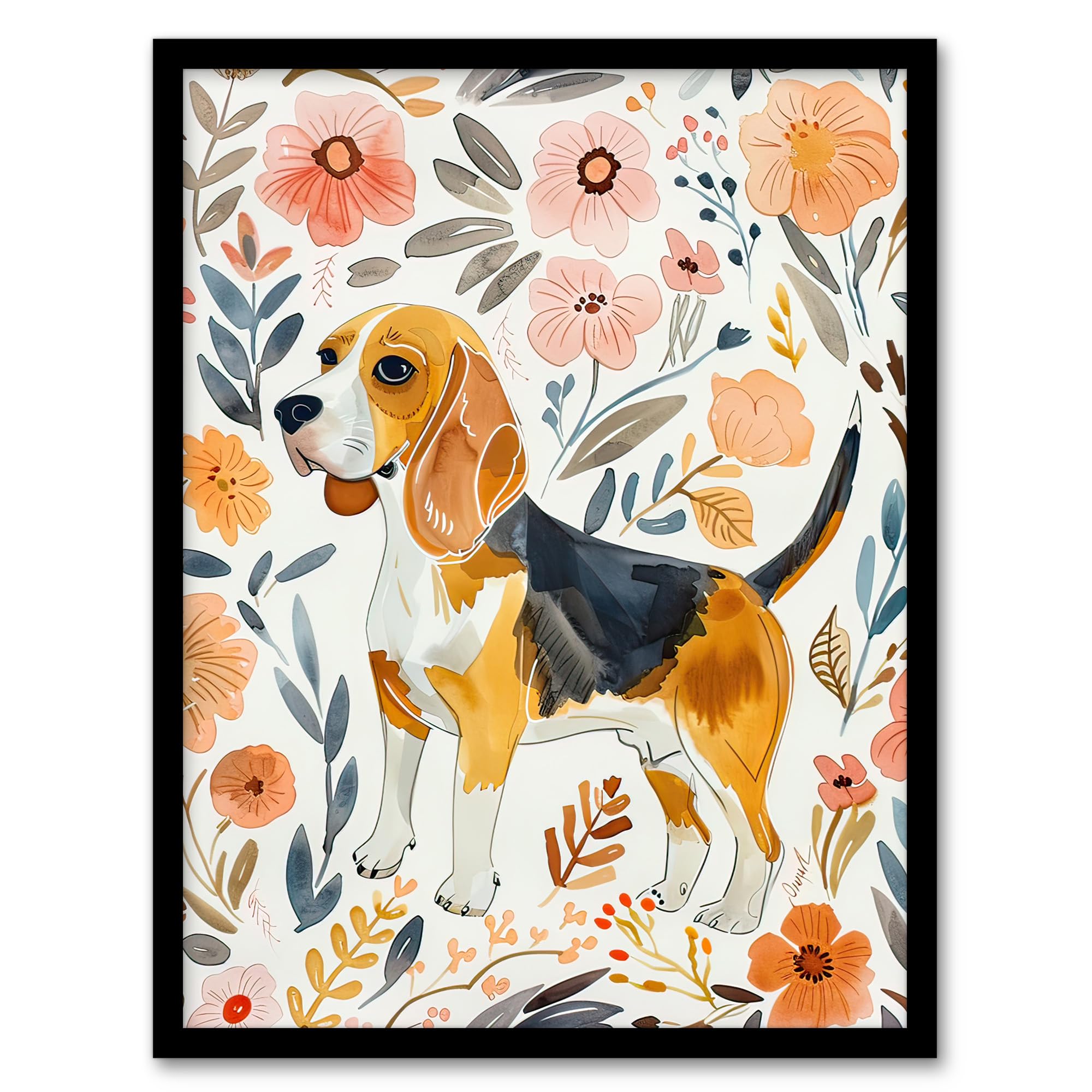 Artery8 - Framed Print - Floral Watercolour Beagle Puppy Dog - A4