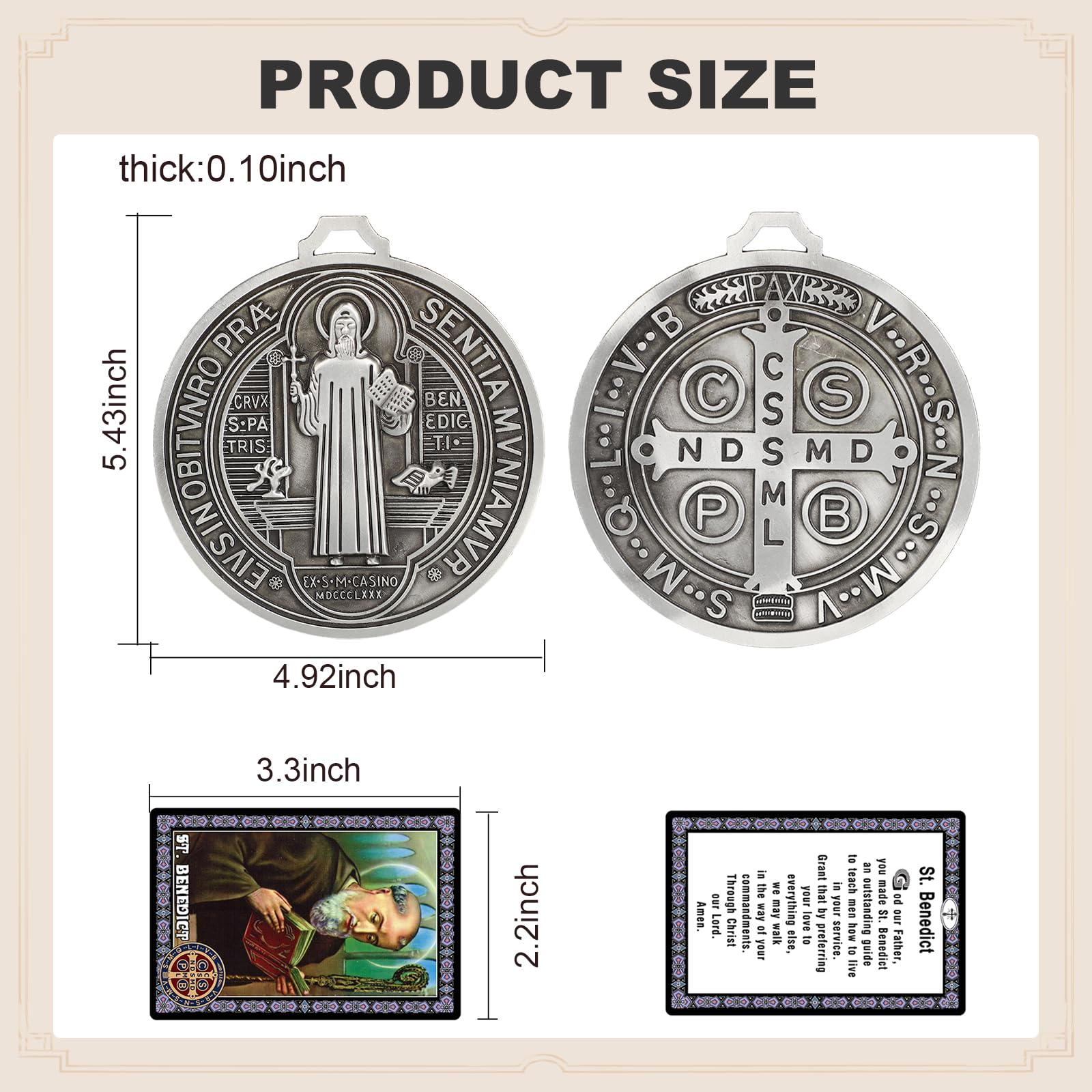 5 Inch St Benedict Medals with Saint Benedict Prayer Cards Home Protection,Catholic St Benedict Crucifix for Door Hanger Mexican Wall Art Decor,Escapularios Catolicos,Medalla De San Benito (Silver)