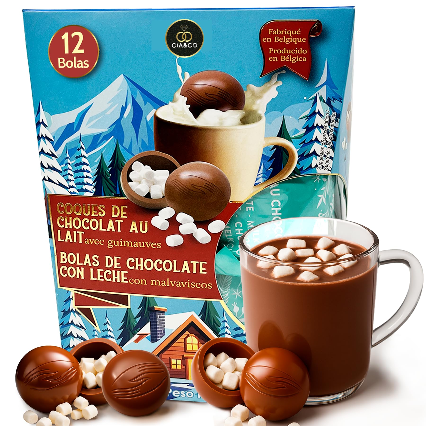 Bolas de Chocolate Caliente Belga con Nubes Pack XXL 12 Bombas Premium Malvaviscos Chocolate a la taza Regalo Navideño