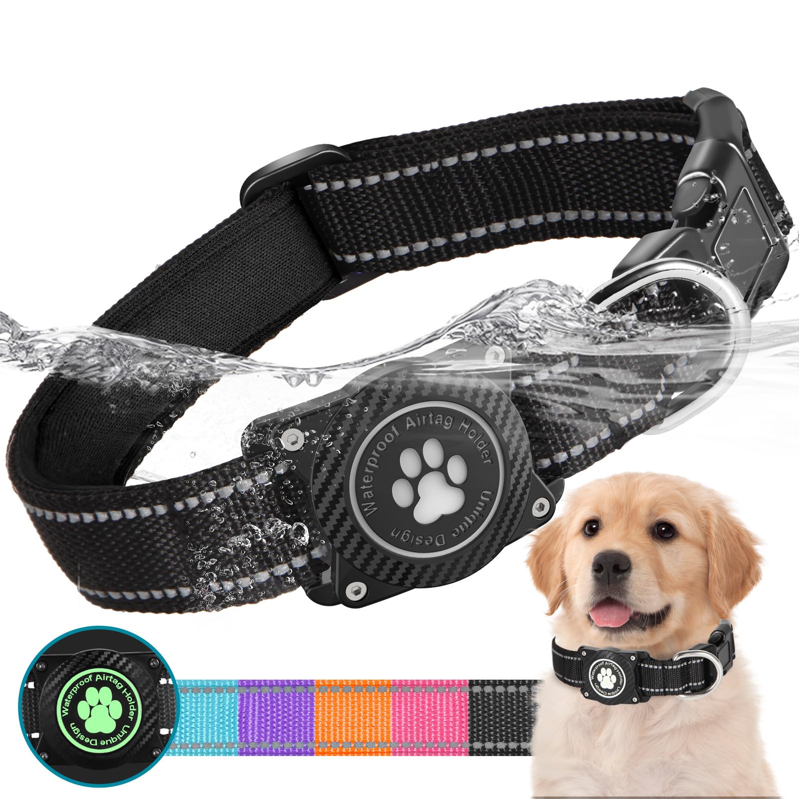 OKVSKO Airtag Dog Collar, Nylon Collar with Waterproof Air Tag Holder, Luminous Reflective Adjustable Pet Collar for Small Medium Large Heavy Duty