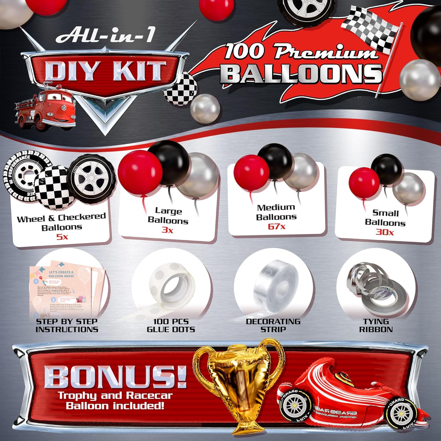 ALL-IN-1 Race Car Balloon Arch Kit with BONUS Trophy & Number 2 - Cars Balloon Garland Kit for Lightning McQueen Cars 2 Birthday Party Supplies & Hot Wheels Balloons RaceCars Decorations - Image 3