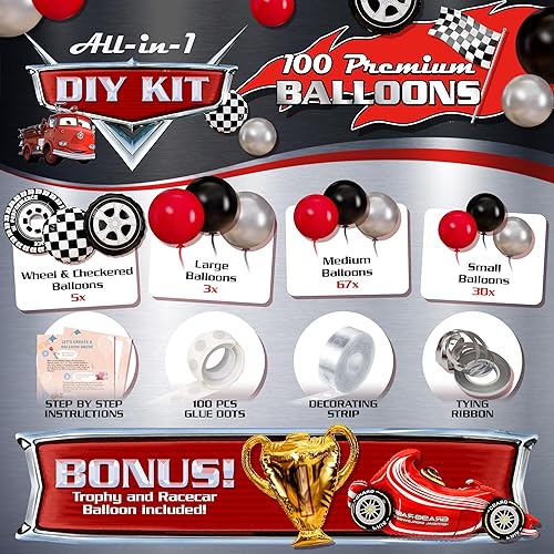 Miniatura 3 de Kit de 100 globos de auto de carreras con trofeo adicional y número 2  Kit de guirnalda de globos de carreras para autos Lightning McQueen, 2