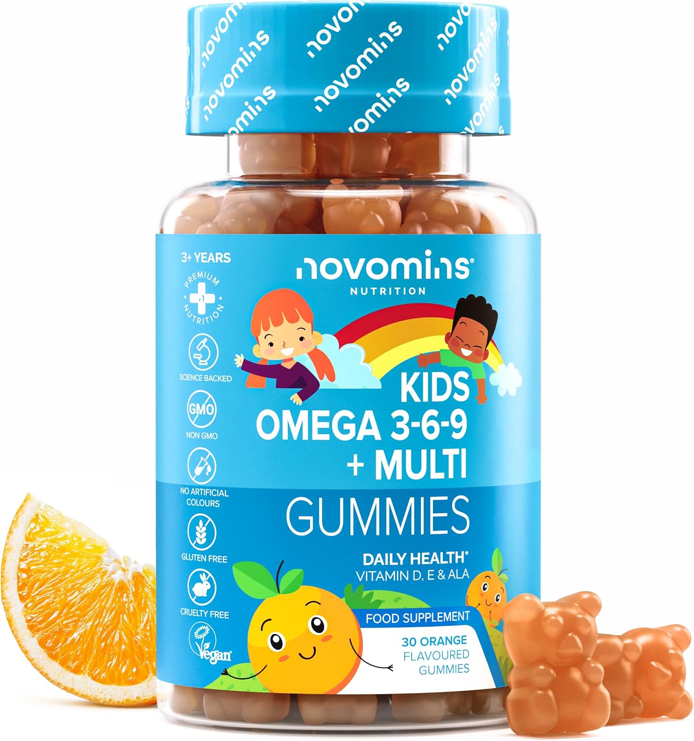 Omega 3 6 9 Kids Gums – Vitamins D & E + ALA Perilla Oil – Growth, Bone, Immunity – Vegan, Fish Free, Gelatin Free – 30 Erasers For Kids From 3 Years – Novomins