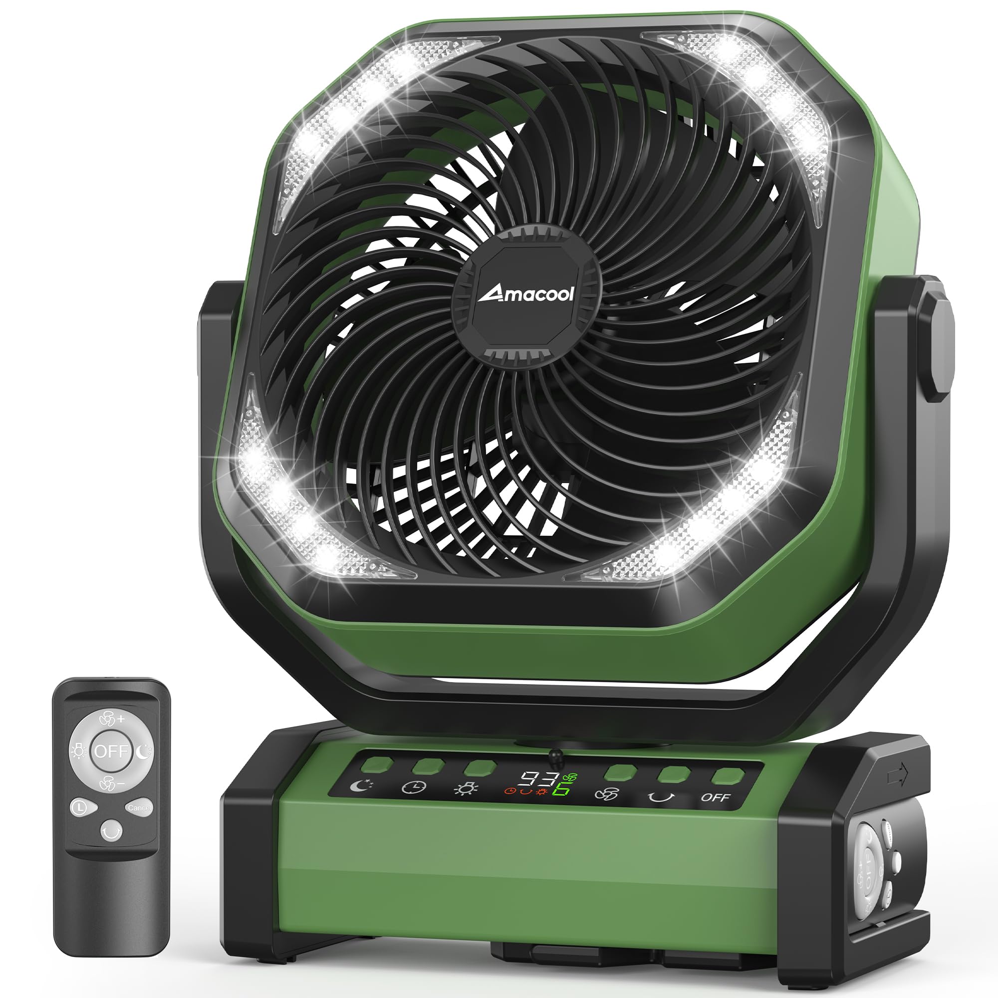 Camping Fan with Light, 20000mAh Rechargeable Battery Operated Fan, 112H Max Cooling Time, 8 Speeds, Digital Display, Remote Control, 270°Pivot with Hook for Tent Car RV Power Outage Hurricane