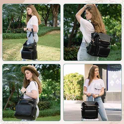 Miniatura 9 de MOMINSIDE Mochila bohemia para pañales, bolsa de pañales pequeña, mochila de cuero para bebé, bolsa de pañales con 14 bolsillos, 6 bolsillos para