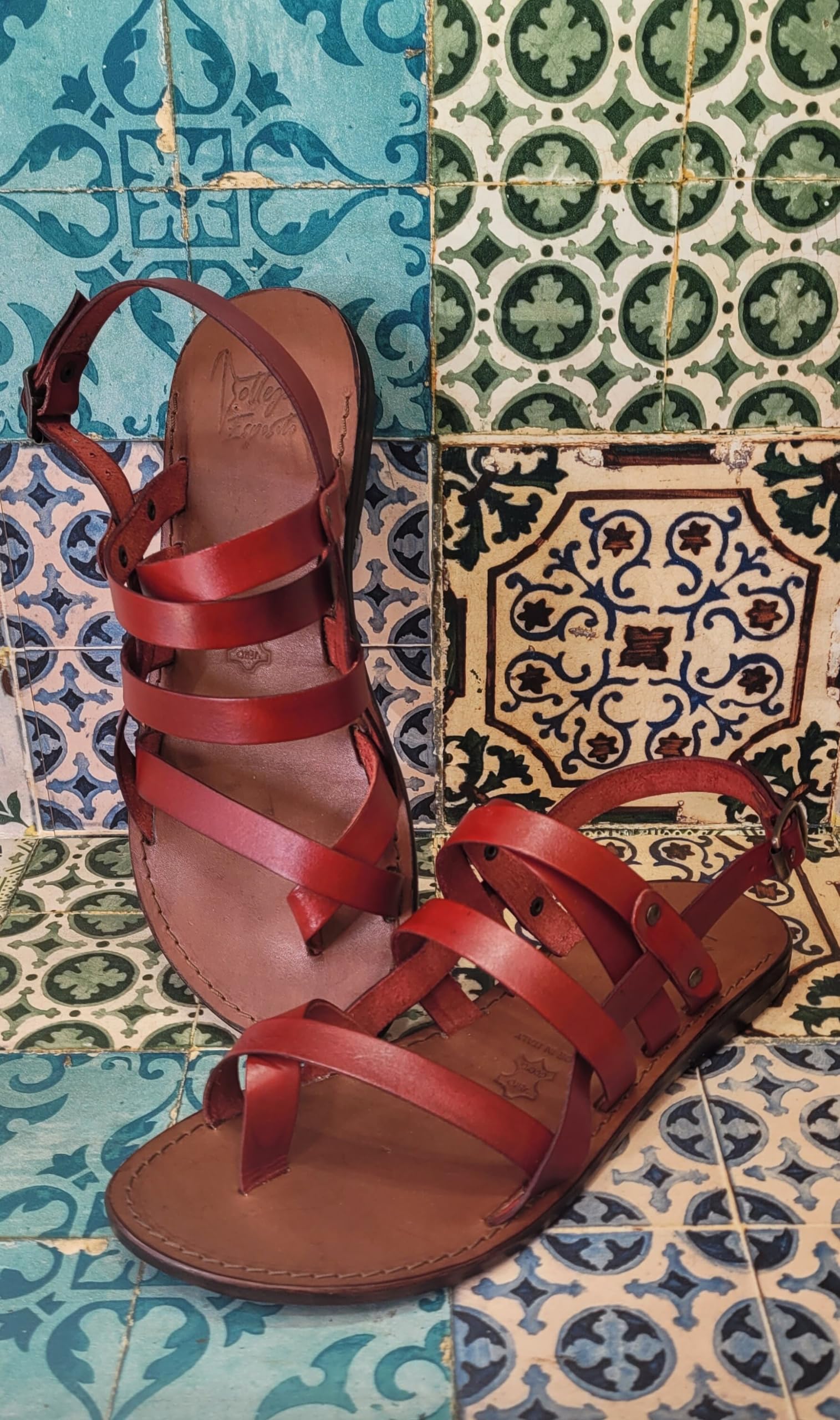 Sandali artigianali da Uomo fatti a mano con materiali di qualità: vera pelle e vero cuoio 100% Made in Italy Handmade Sandals for Man (41, Rosso)