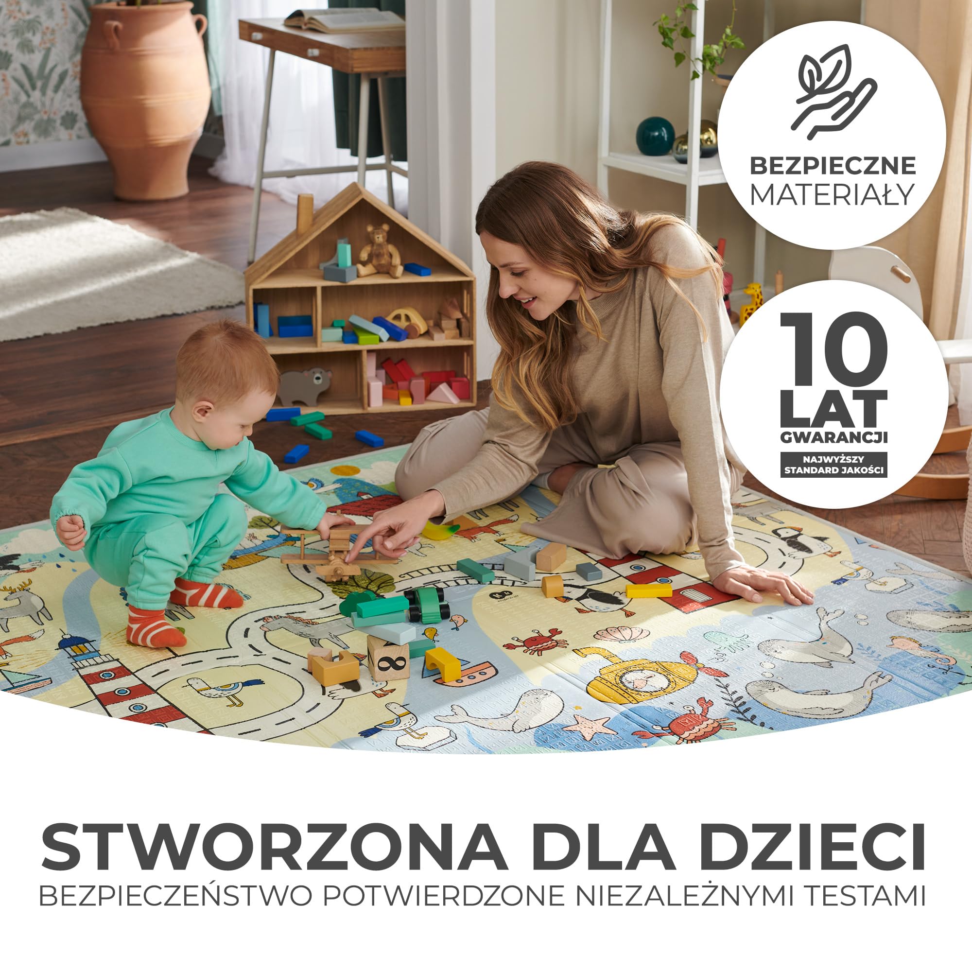 Kinderkraft MATTY2 Mata edukacyjna dla dzieci od urodzenia, Uniwersalna - 2 wzory, Świetna izolacja od podłoża, Bezpieczne materiały, Łatwe czyszczenie, Składana z torbą w zestawie