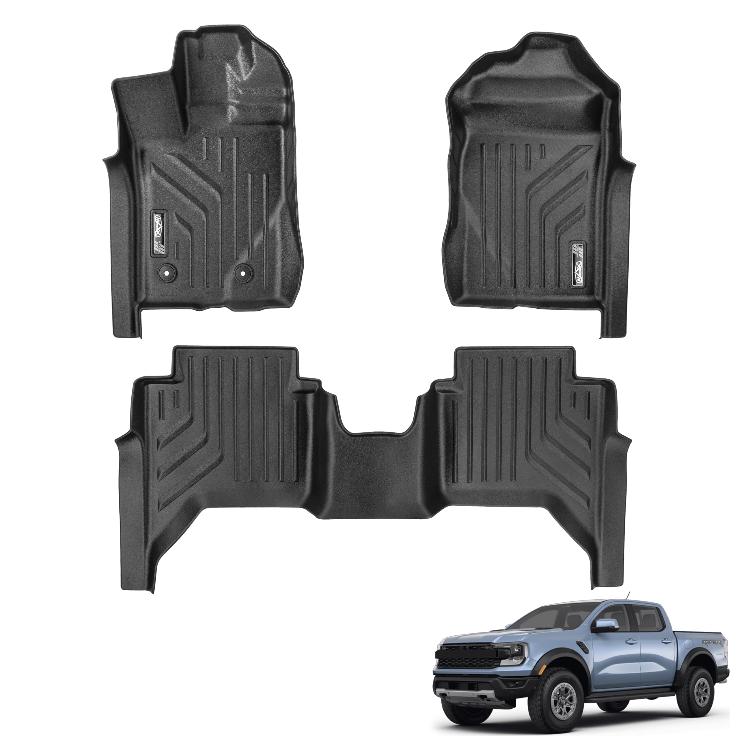 MAXPRO Floor Mats Custom Fit for 2024-2026 Ford Ranger/Raptor Super Crew Cab | 1st & 2nd Row Set | Heavy Duty All Weather Waterproof TPE Floor Liners