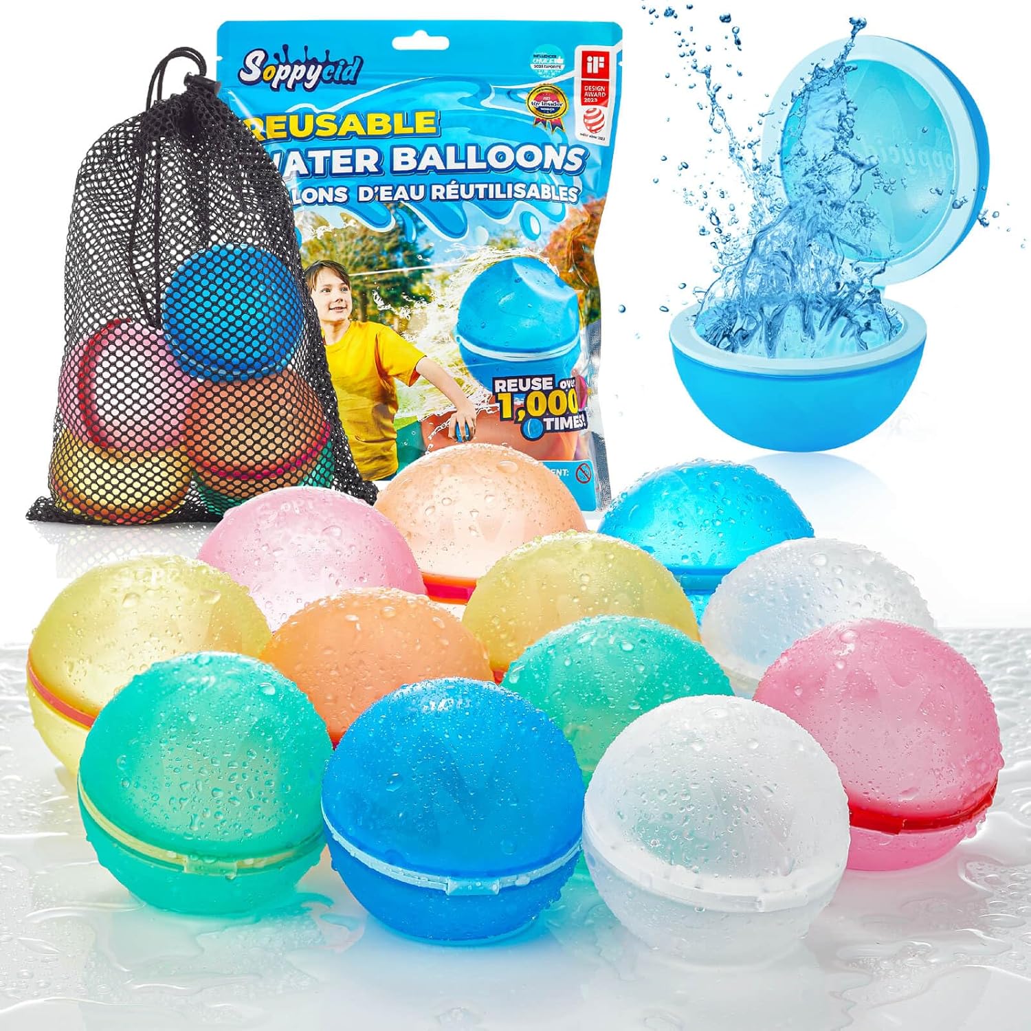 12Pcs Reusable Water Balloons - Refillable Magnetic Self-Sealing Pool Beach Toys for Kids Ages 3-12, Quick-Fill Water Bombs for Outdoor Summer Water Games, Toddler Pool Toys Ages 1-3