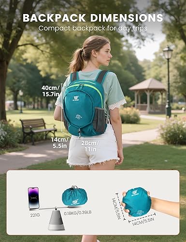 Miniatura 4 de SKYSPER Mochila de senderismo pequeña ligera de 15 litros para mujeres y hombres, mochila de viaje plegable, mochila de campamento plegable, mini