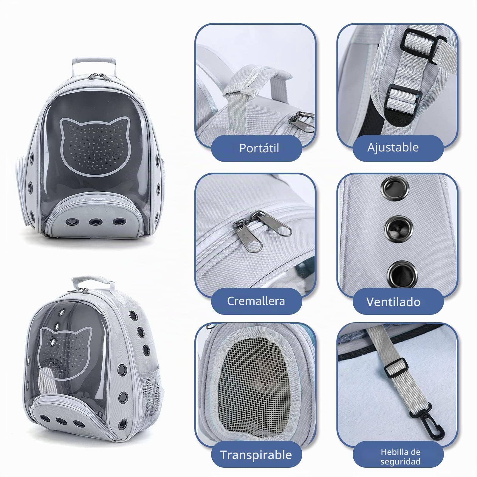 PETCUTE Mochila Transportadora para Gatos, Mochila para Gatos y Perros con Cinturón de Seguridad Interno, Mochila de Burbujas para Mascotas,para Viajes, Senderismo,Gris Claro