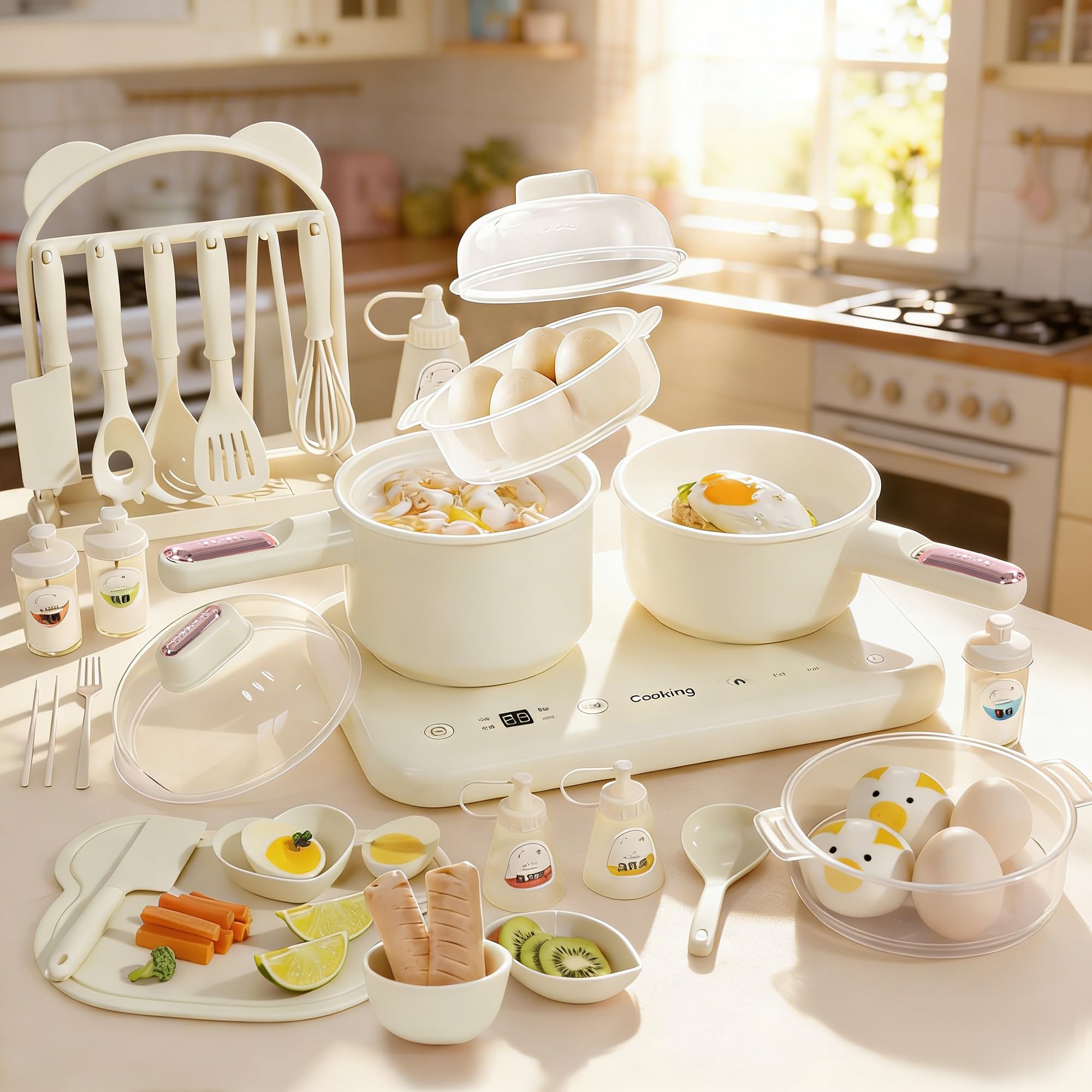 Hot Pot électrique à double plaque de cuisson - Mini multicuiseur électrique - Avec cuiseur vapeur et marmite à soupe - Compact, facile à nettoyer - Beige