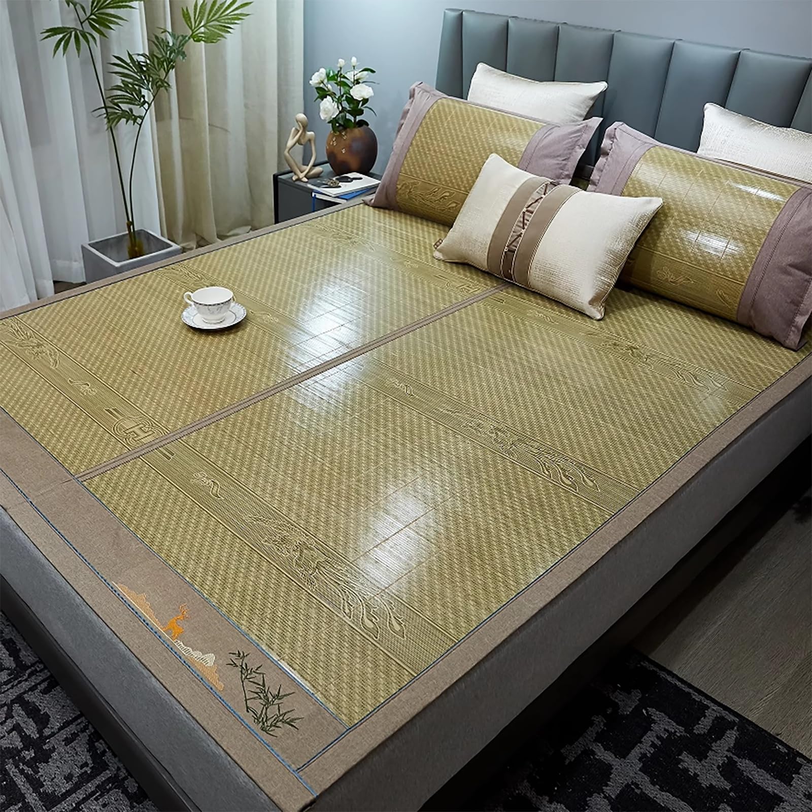 EGZASDI Summer Bamboo Mat Bed, Summer Ice Silk Bamboo Rattan Bed Sleeping Mat Multicolor Multiple Sizes(Green,200 * 220cm)