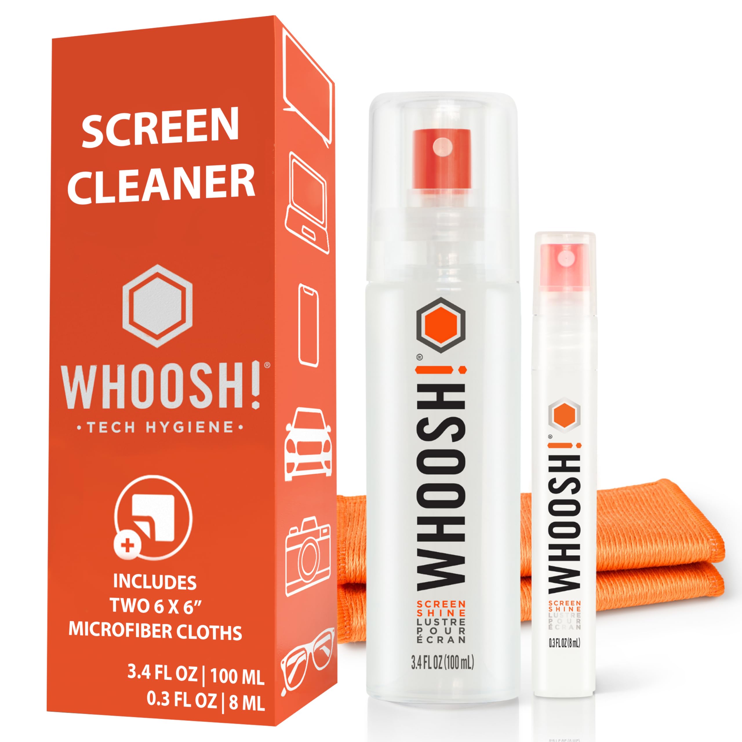WHOOSH WHOOSH! Award-Winning Screen Cleaner €“ Safe for All Screens €“ Smartphones, iPads, Eyeglasses, Kindle, LED, LCD & TVs €“ Includes 2 Bottles 3.4oz,0.3.oz +3 Antimicrob