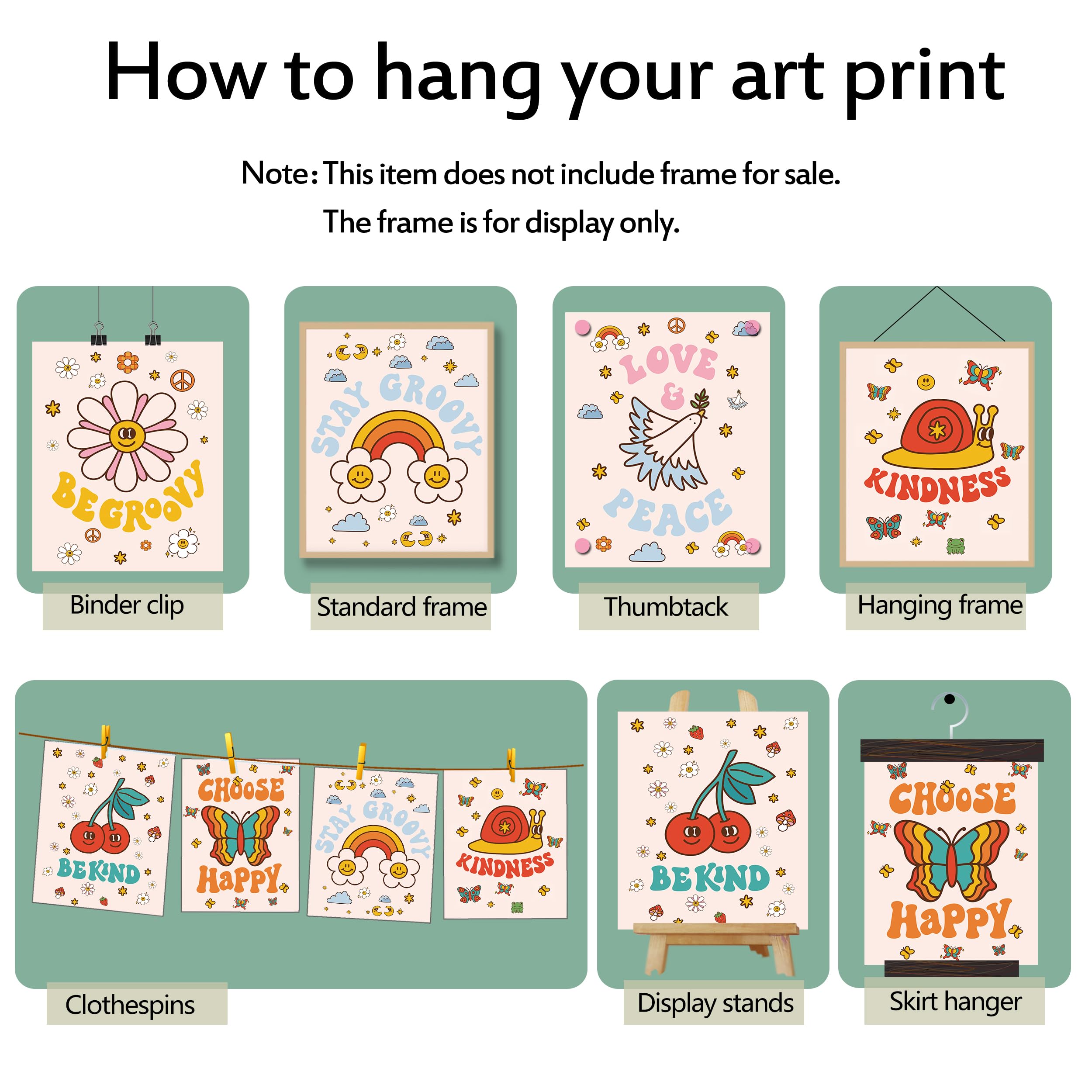 Set Of 6 Hippie Wall Art Prints - Retro 70s Floral & Abstract Canvas Posters, Boho Positive Decor For Bedroom - View #4
