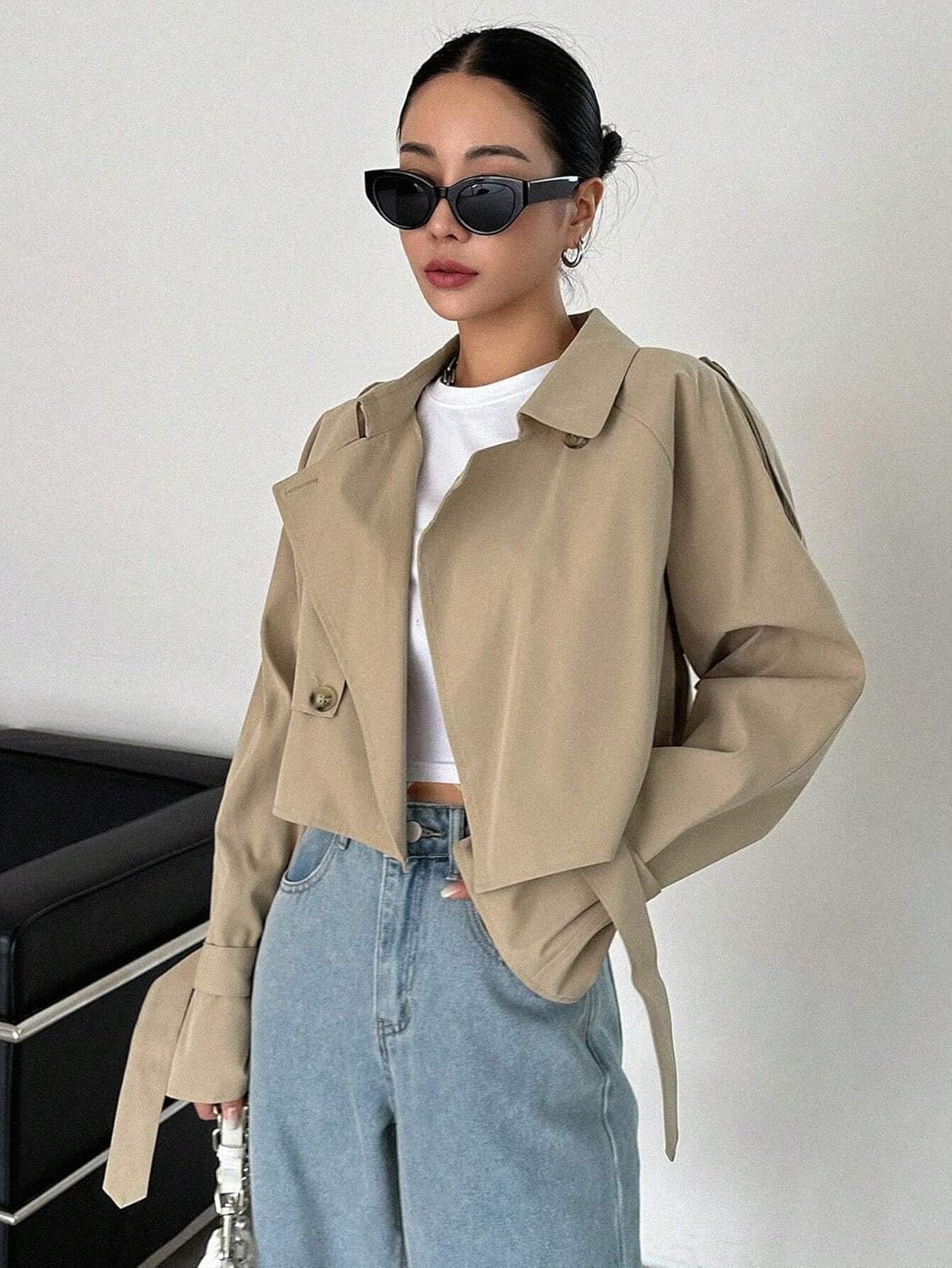 Women's Trench Coat Collar Zipper Single Button Casual Raglan Sleeve Knot Trench Coat Classic Overcoat