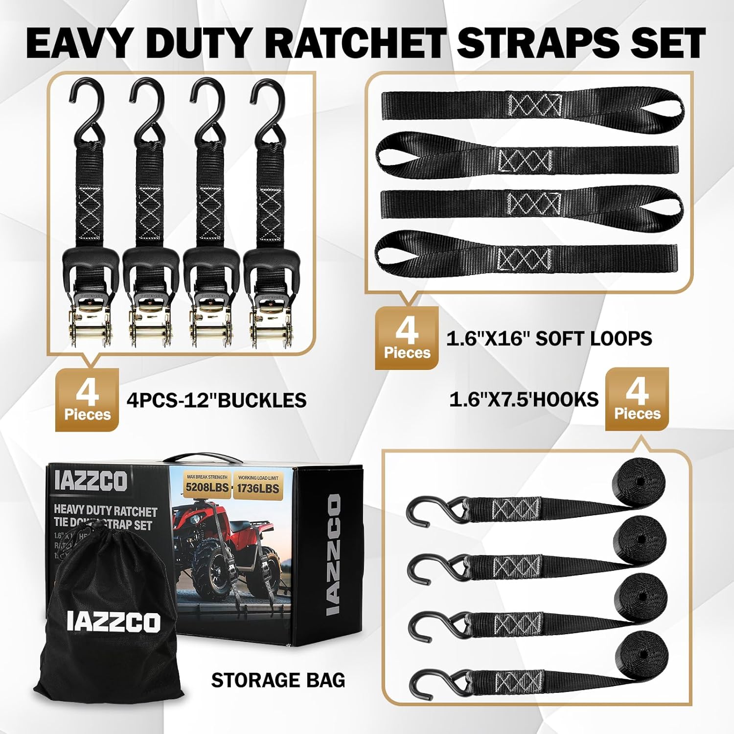 Heavy Duty Ratchet Straps with Hook - 1.6 Inch x 8 FT (5208 LB Break Strength) Tie Down Straps with S Hooks & Soft Loops, for Trucks, Cargo, Moving and Appliances（Black/4 Pack） - Image 6