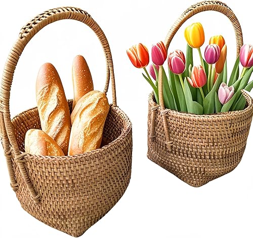 I-LAN Paquete de 2 cestas redondas de ratán tejidas a mano con asa, cesta colgante de decoración tipo inferior cuadrada para frutas, flores, campos