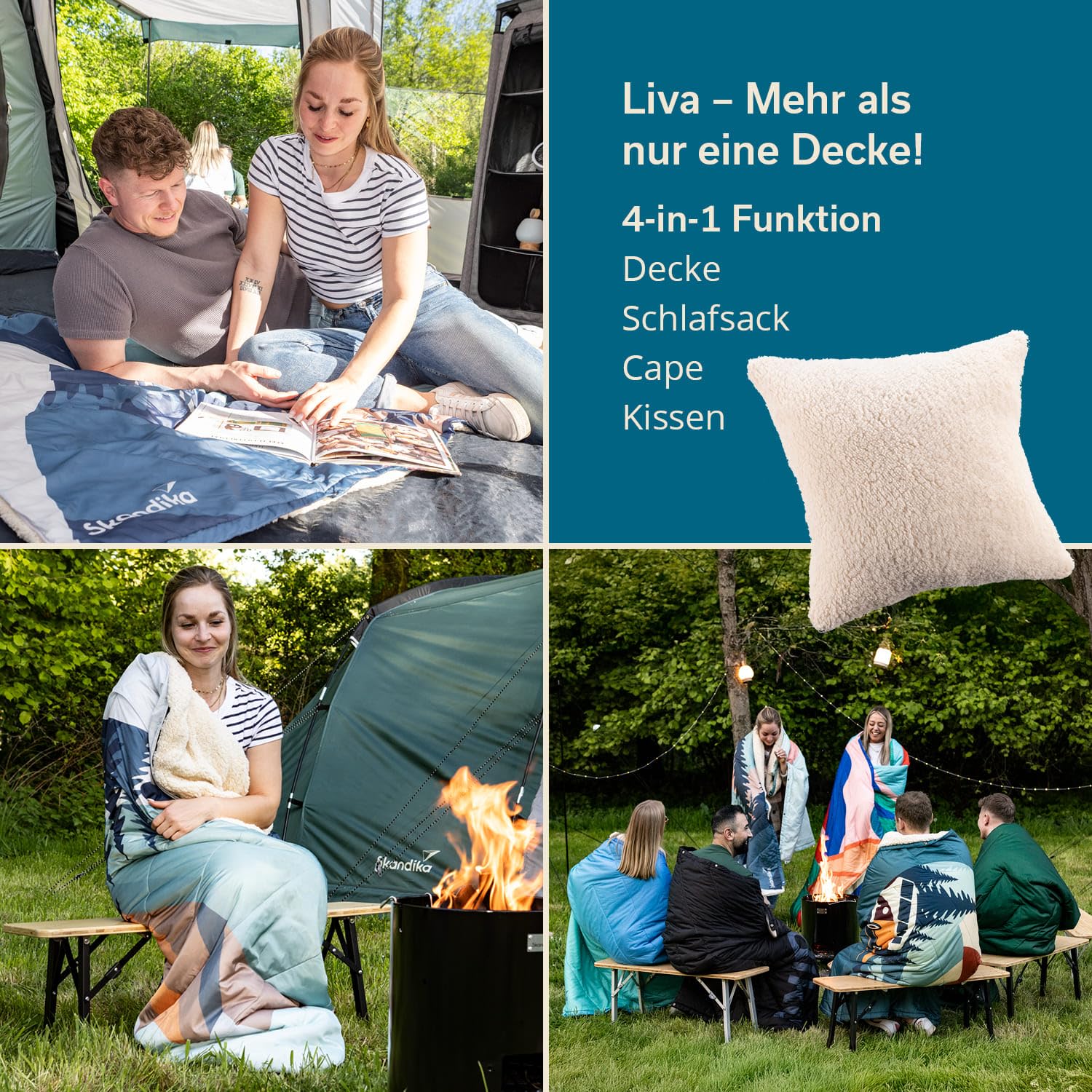 Skandika Campingdecke Liva | 4-in-1 Outdoor Decke, 200 x 135 cm, Überwurf, Schlafsack, Kissen, mit Teddyfell oder Nylon Unterseite, Wattierung aus Polyester, wasserdicht (Berge | Teddyfell)