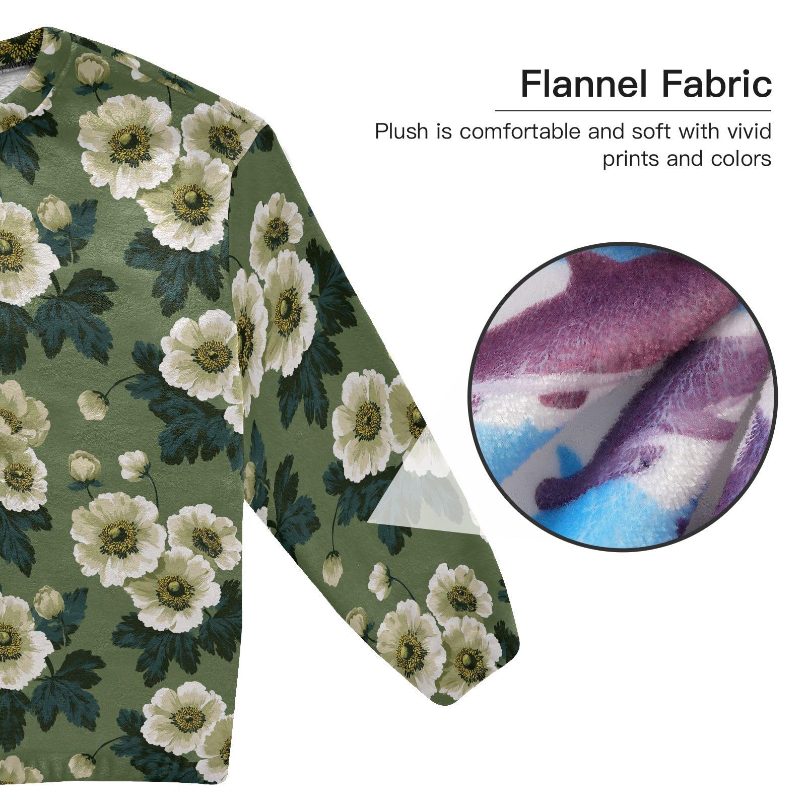 Casualowy damski zestaw piżamowy Anemone Coronaria Sage Green top i spodnie z długim rękawem