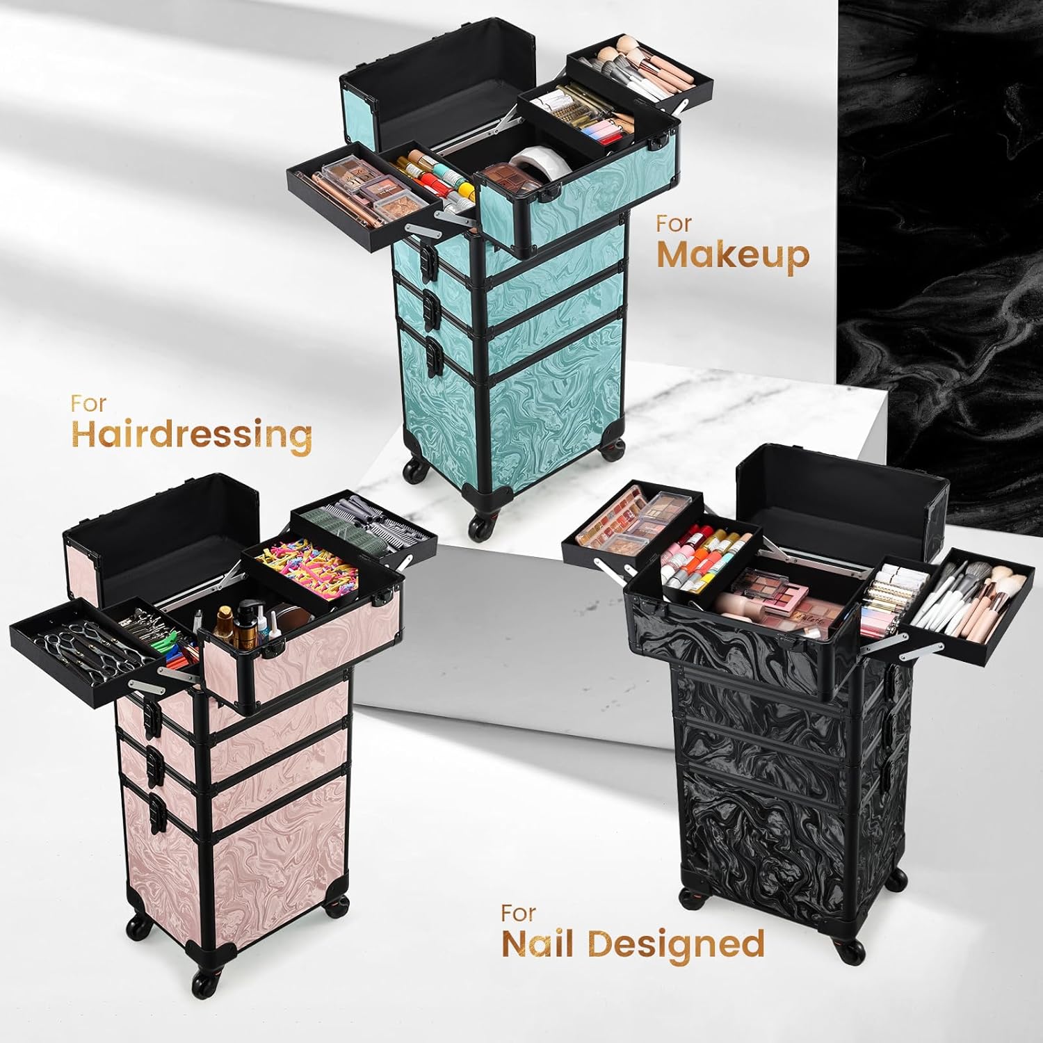 Stagiant Rolling Makeup Case 4 in 1 Cosmetology Case on Wheels Makeup Travel Case with Cosmetic Bag Key Swivel Wheels Salon Barber Case Traveling Cart Trunk Cosmetic Trolley Alpine Black
