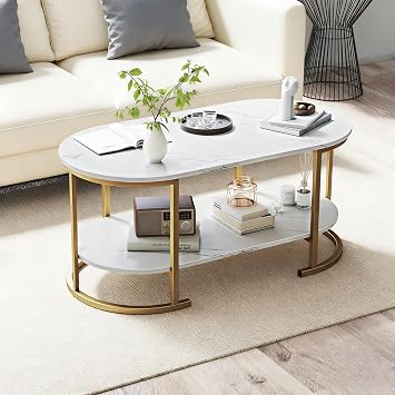 GIANTEX 2-Tier Coffee Table, Oval Center Table for Living Room, White