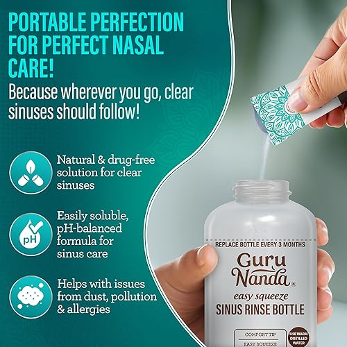 Miniatura 2 de GuruNanda Botella de enjuague sinusal y paquetes premezclados de solución salina de 120 unidades  Paquetes de enjuague sinusal totalmente naturales