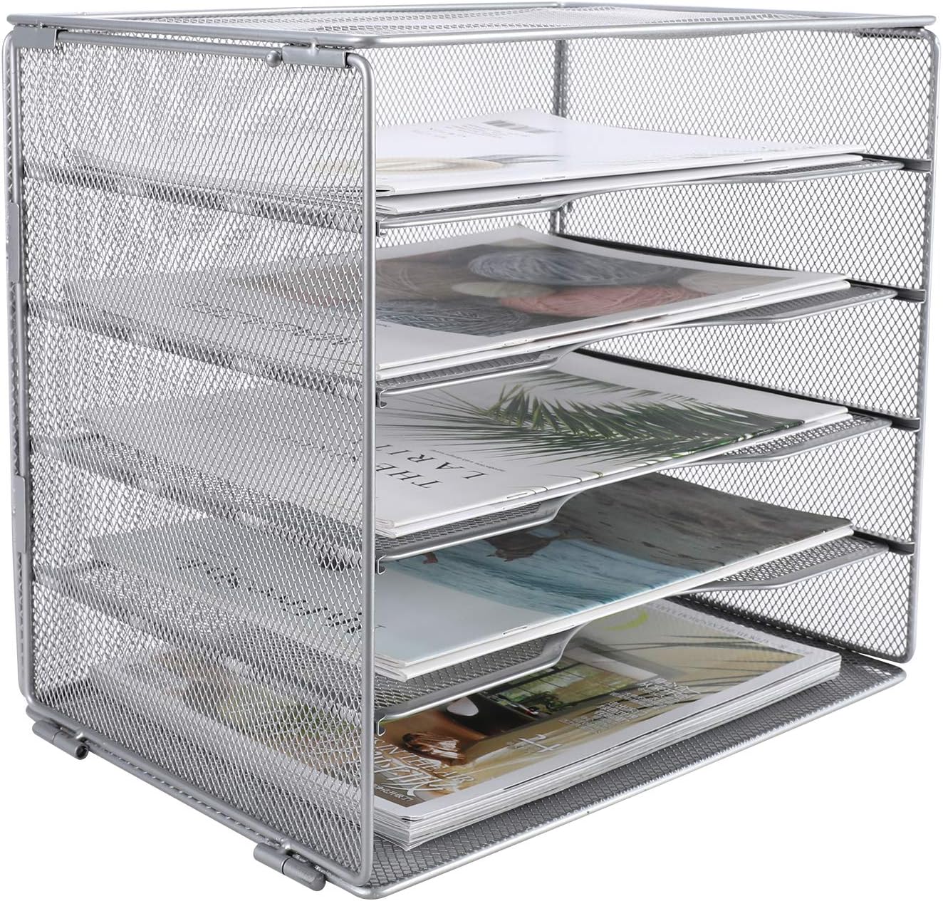 EasyPAG Paper Trays for Classroom 5 Tier Mesh Desk Organizer Shelves A4/Letter Size File Folder Organizer Shelf for Office, School, Home, Silver