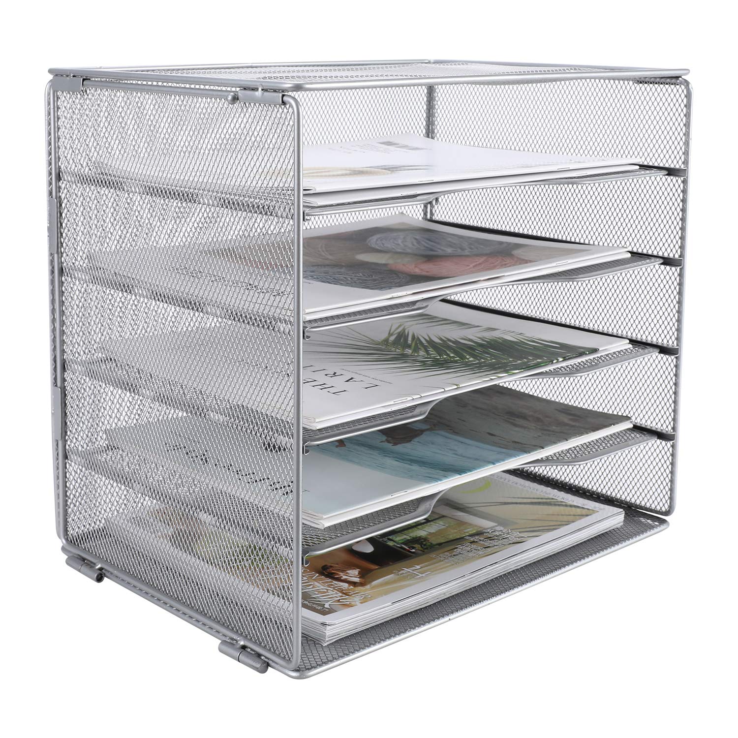 EasyPAG 5-Tier Mesh Desk File Organizer with Metal Frame, Screw-Free Assembly, Space Saving Letter Tray for Office/Home/School - A4 & Letter Size Paper Sorter, Silver